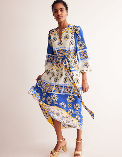 Robe longue de cérémonie à manches blousantes-Bleu connecté, motif Mosaic Charm-1