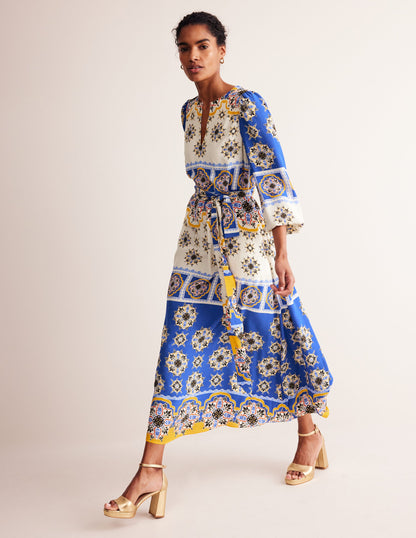 Robe longue de cérémonie à manches blousantes-Bleu connecté, motif Mosaic Charm-4