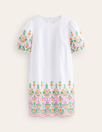 Robe droite à broderie anglaise en lin-Blanc