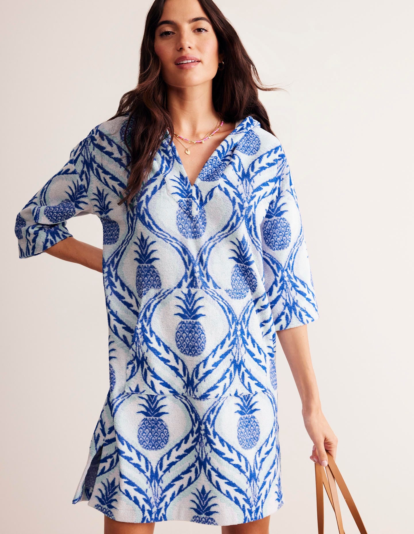 Hooded Towelling Short Kaftan-Surf the Web, Pineapple Wave - Image 1