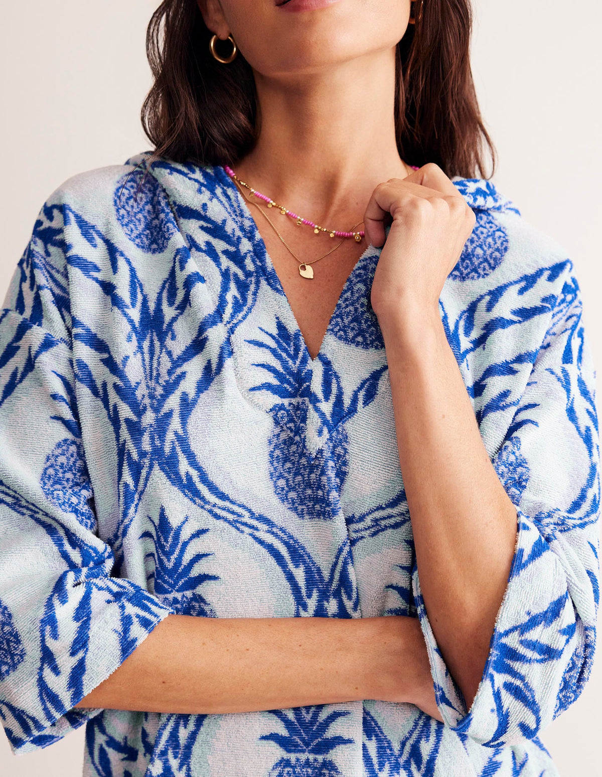Hooded Towelling Short Kaftan-Surf the Web, Pineapple Wave-4