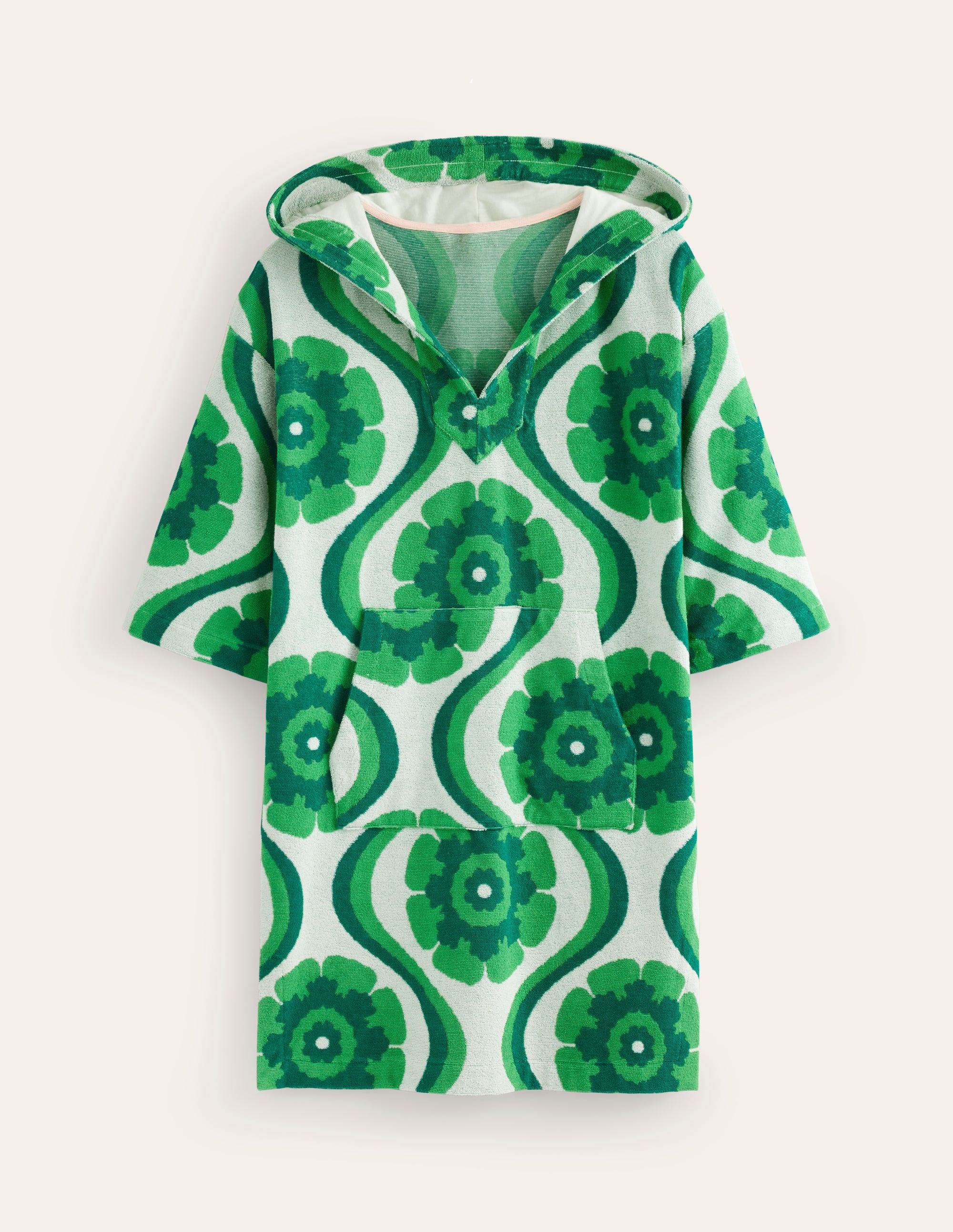 Kurzer Frottee-Kaftan mit Kapuze-Grün, Geo-Blumen - Image 5
