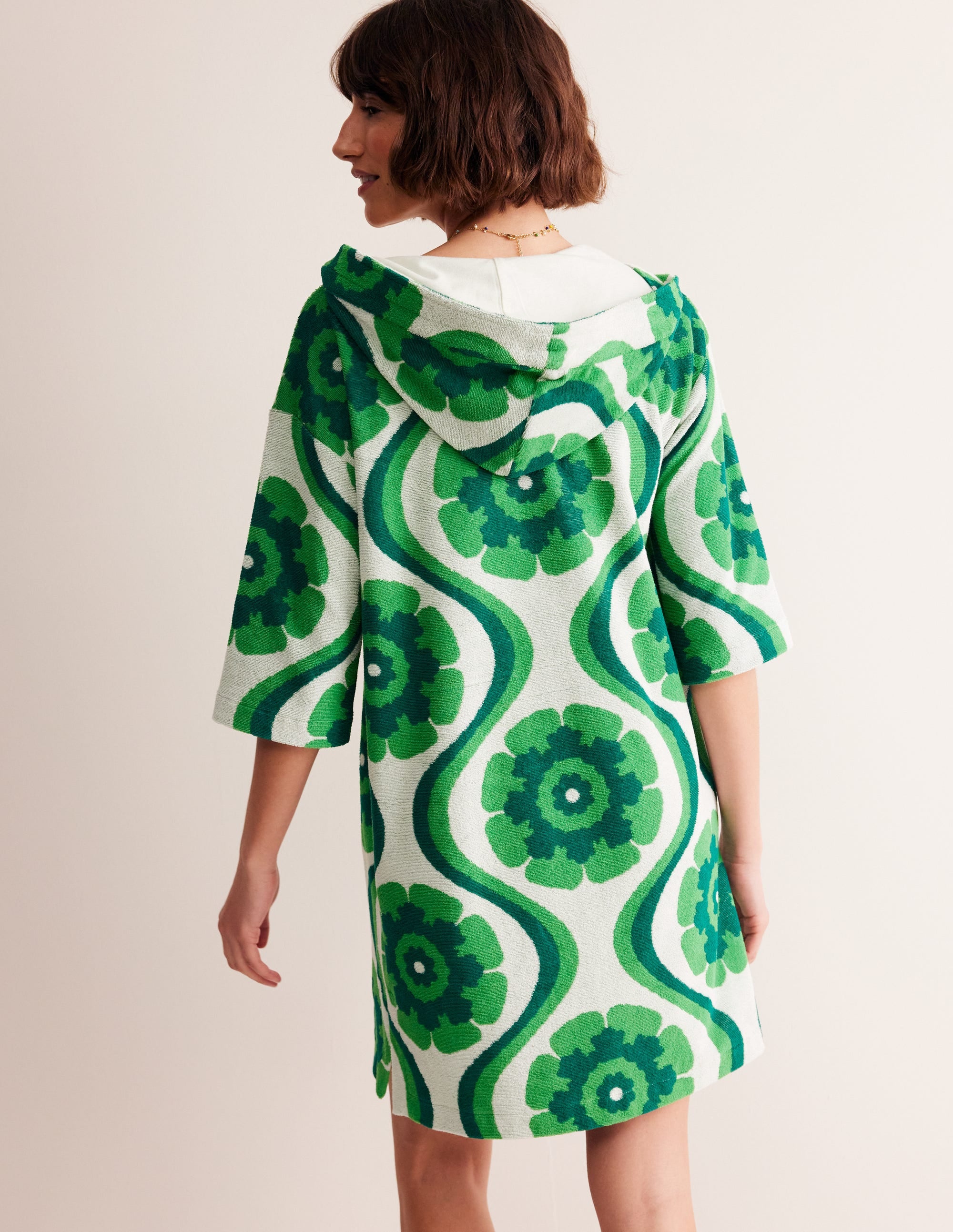 Kurzer Frottee-Kaftan mit Kapuze-Grün, Geo-Blumen - Image 3