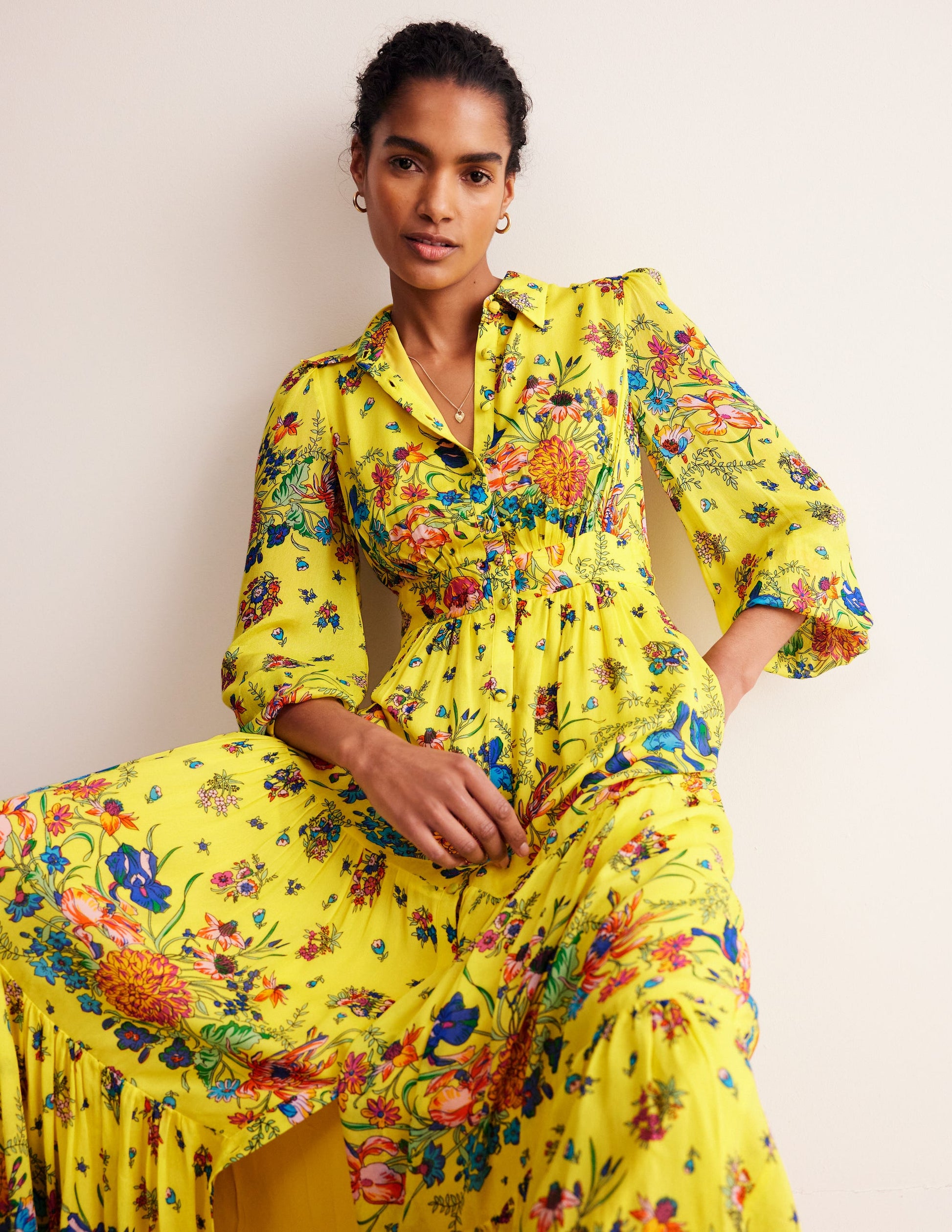 Maxi-Hemdblusenkleid für besondere Anlässe-Lebendiges Gelb, Gardenienblüte-4