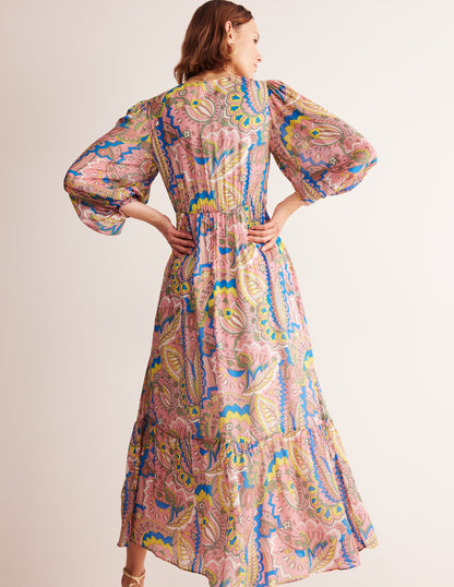 Maxikleid mit V-Ausschnitt und Puffärmeln-Bunt, Blüten-Paisley