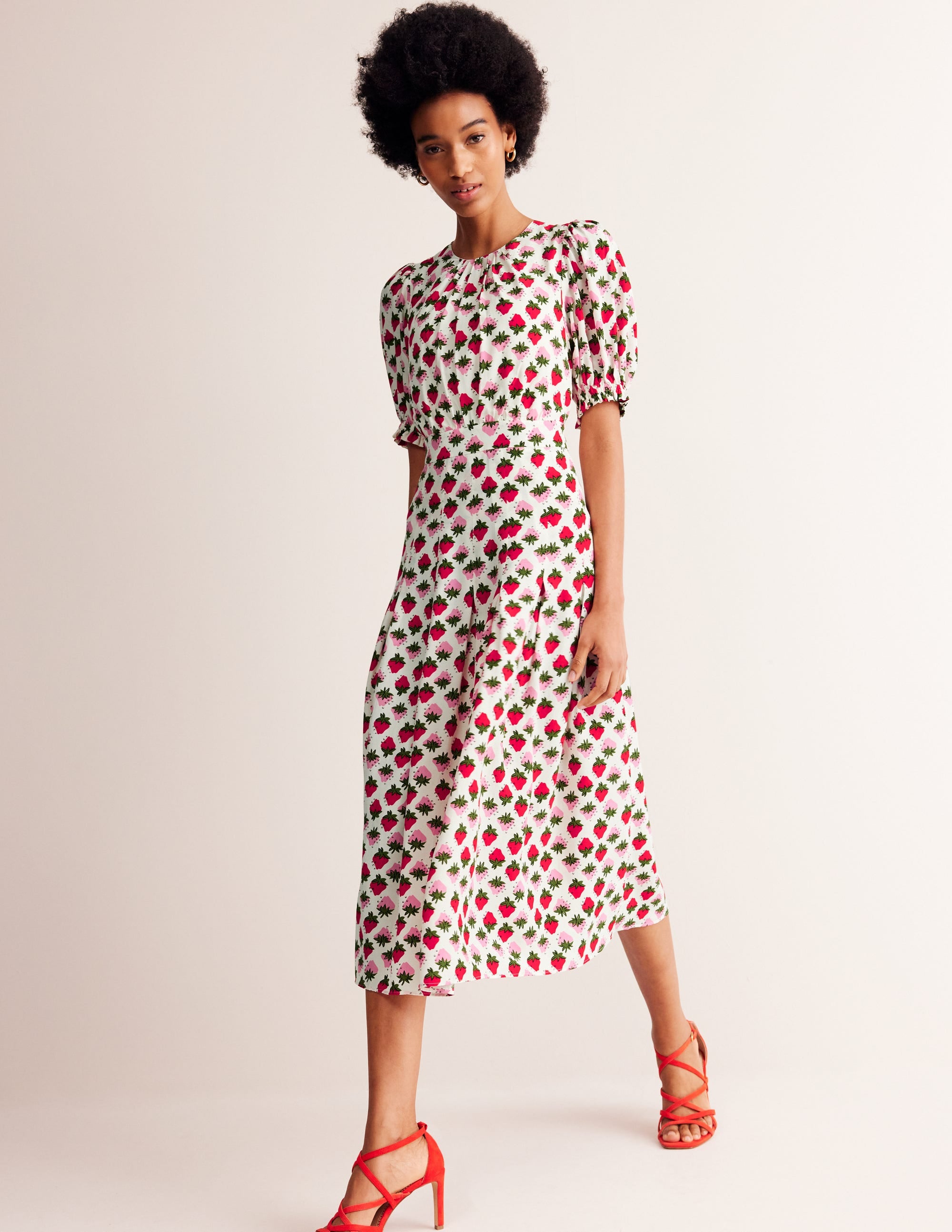 Liv Midikleid mit Faltendetails-Naturweiß, Erdbeere - Image 1