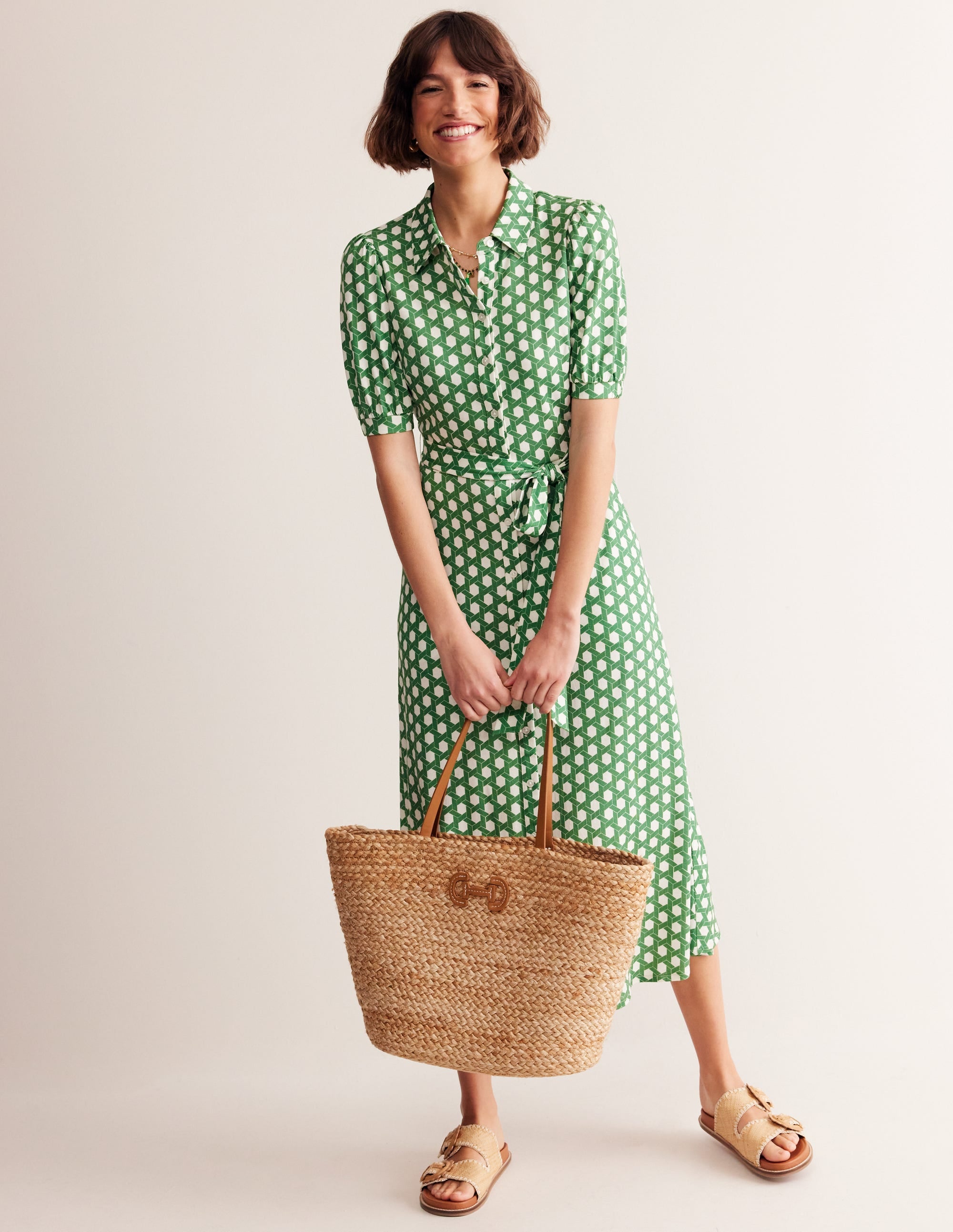 Libby Midi-Hemdblusenkleid aus Jersey-Grün, Honigwabe Geo - Image 1