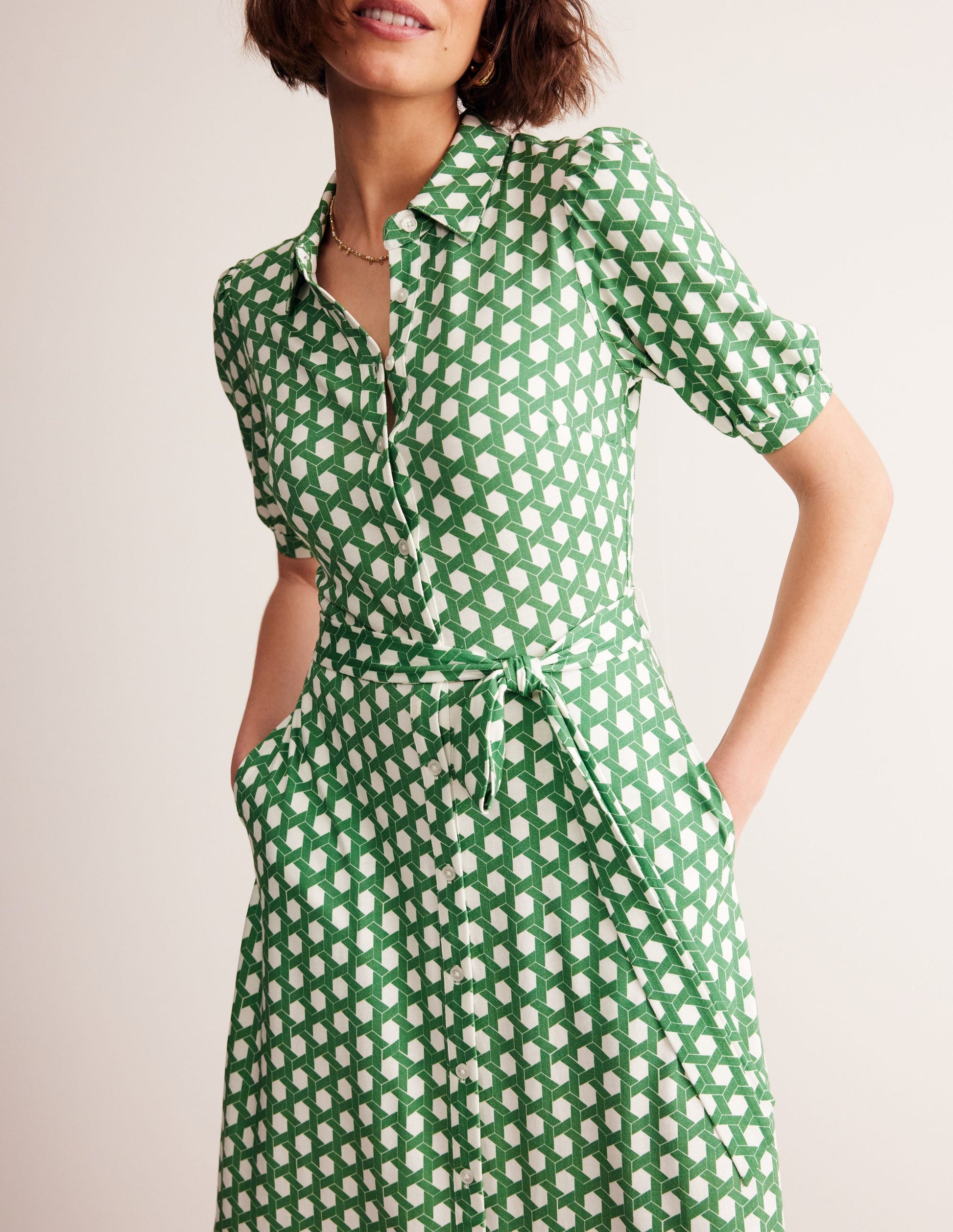 Libby Midi-Hemdblusenkleid aus Jersey-Grün, Honigwabe Geo-2
