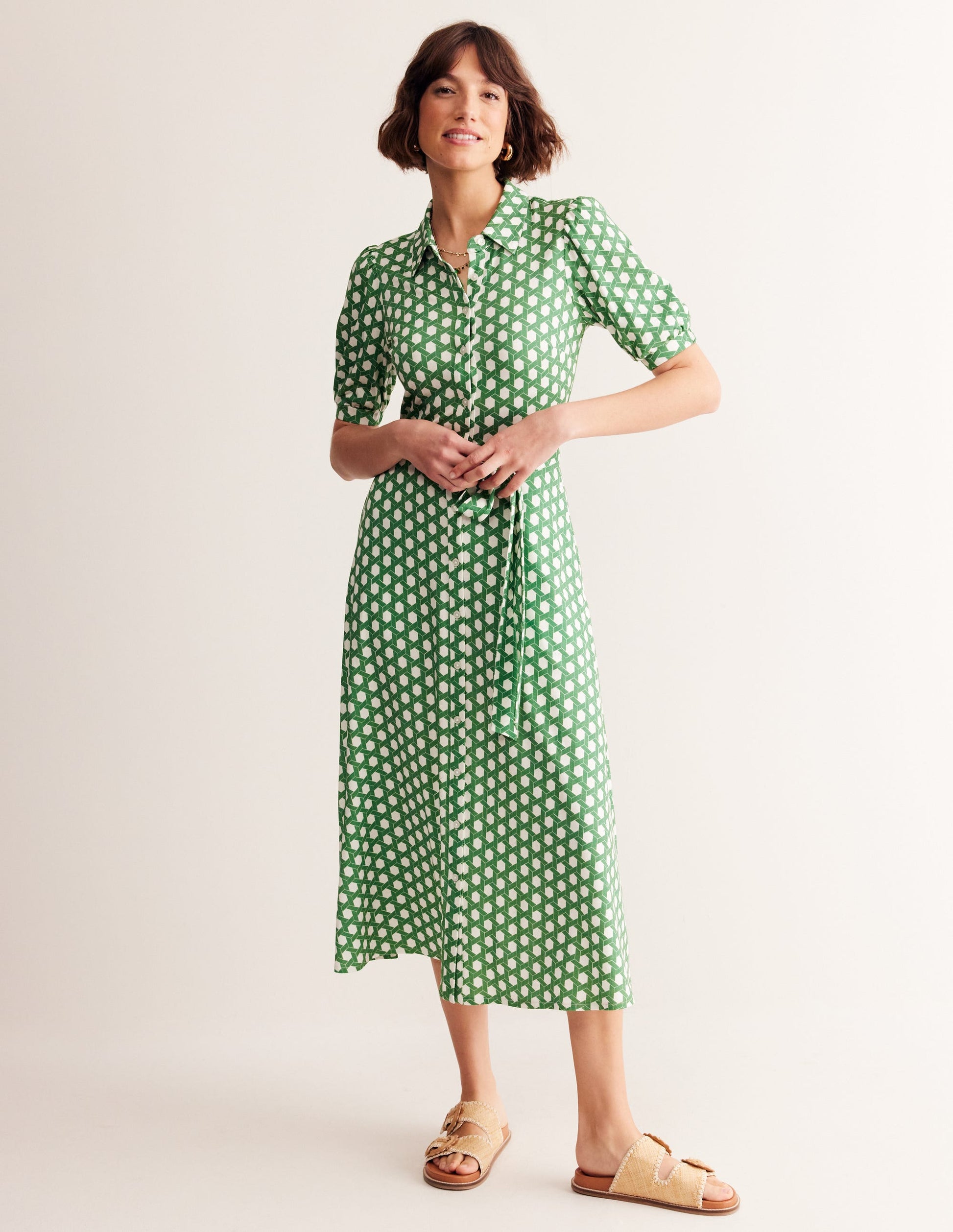 Libby Midi-Hemdblusenkleid aus Jersey-Grün, Honigwabe Geo-4