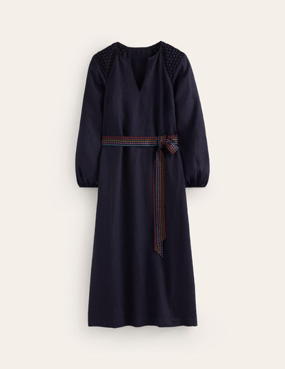 Linen Midi Smocked Dress-Navy