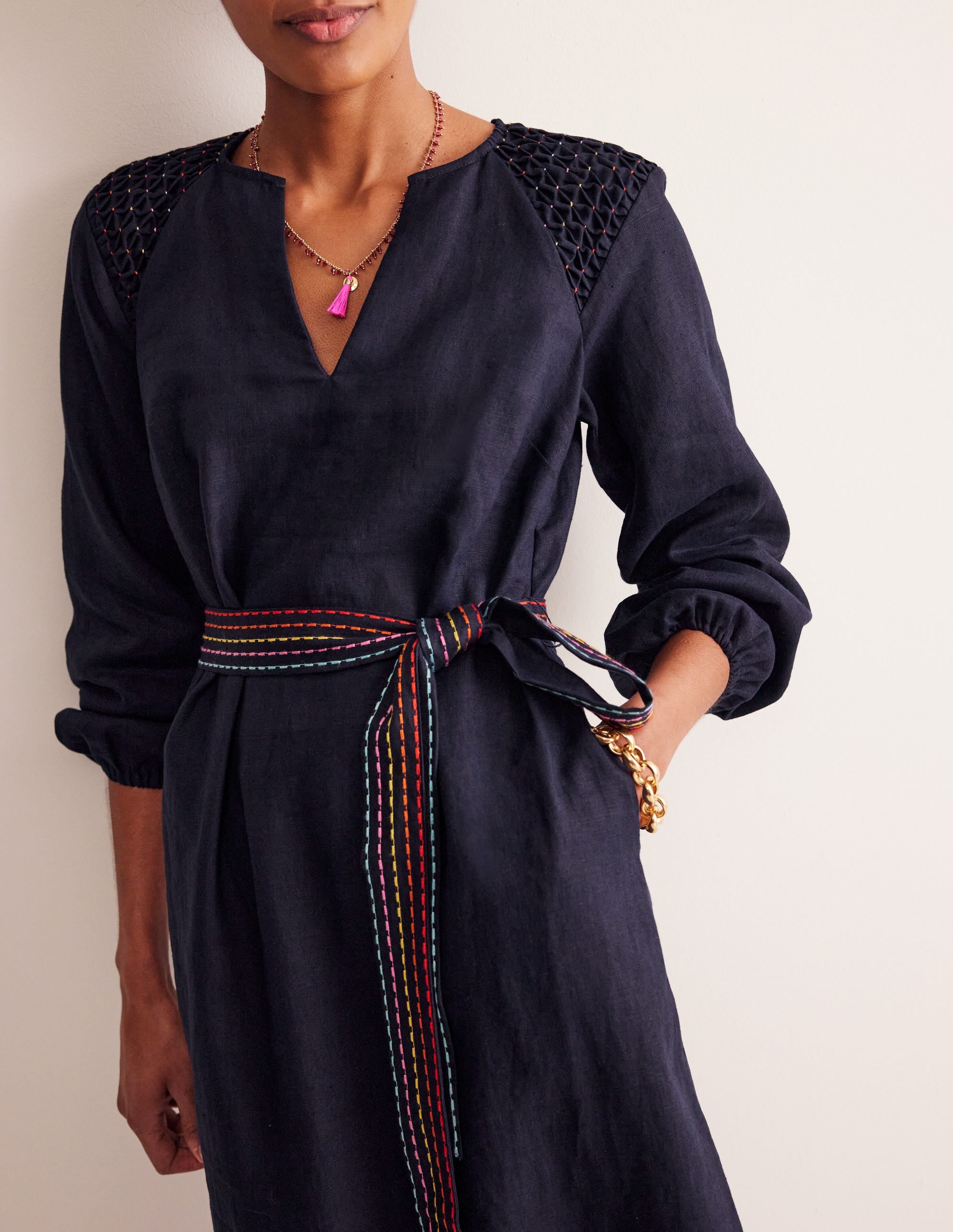 Linen Midi Smocked Dress-Navy - Image 2