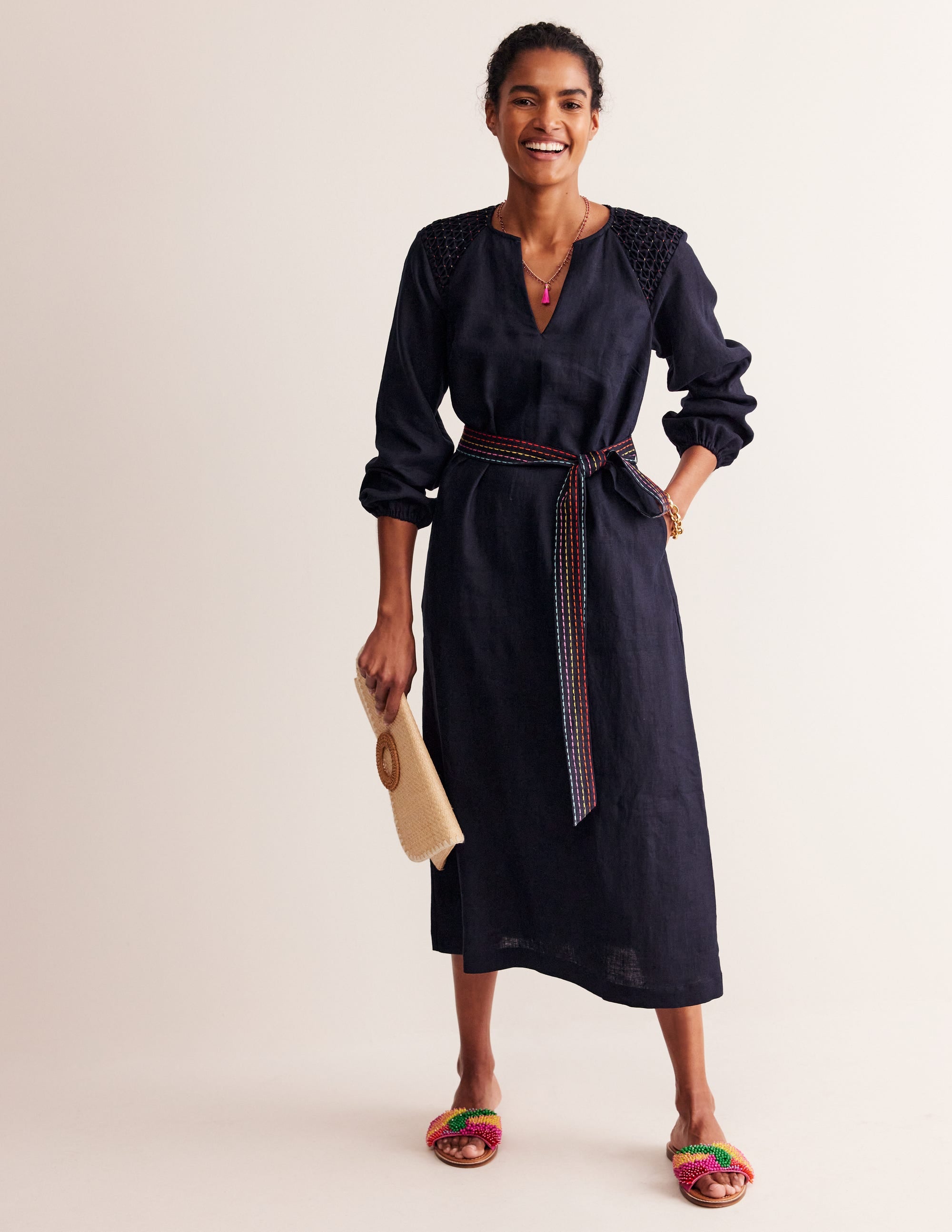 Linen Midi Smocked Dress-Navy - Image 4