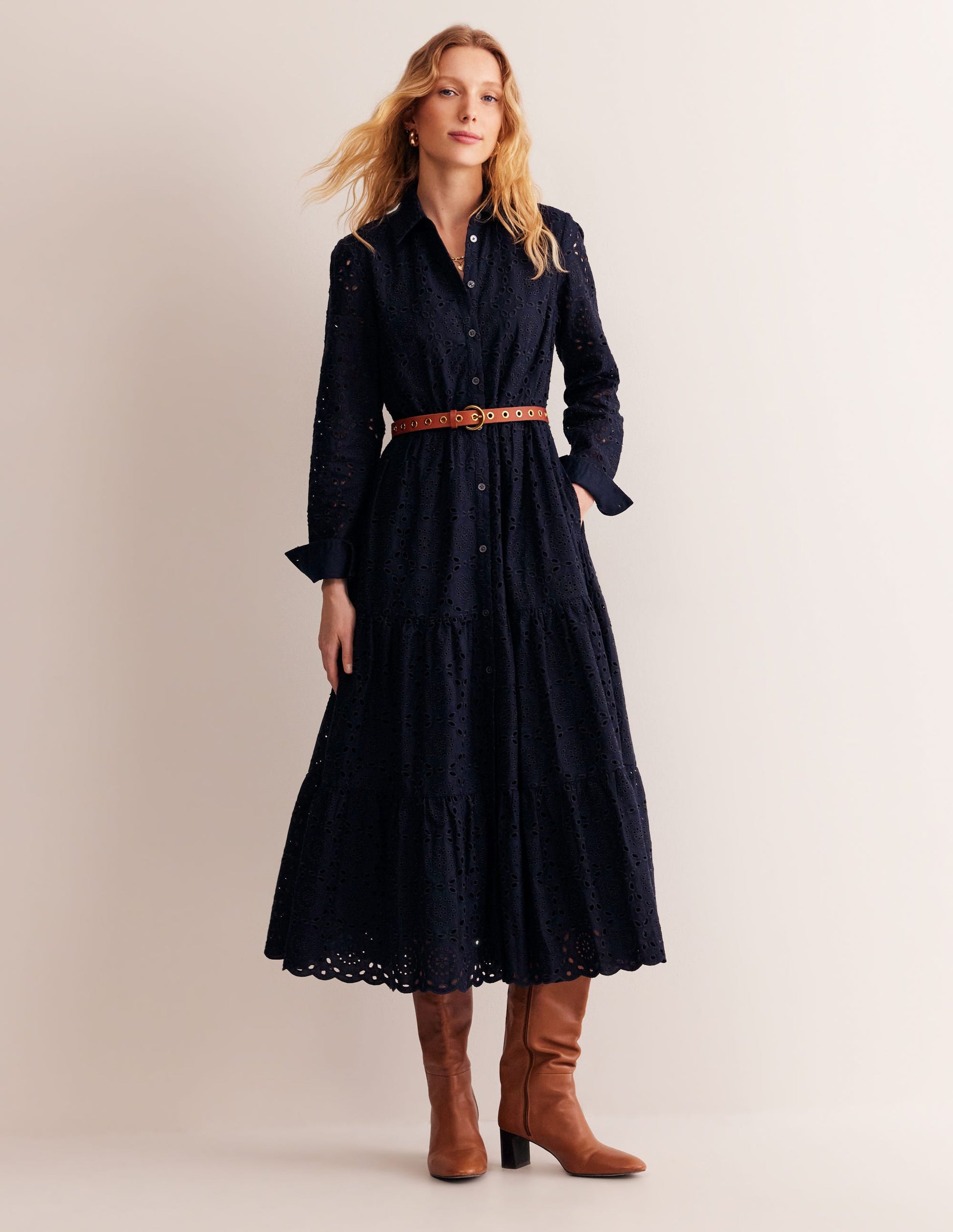Robe-chemise midi Flo à broderie anglaise-Bleu Marine, Petits Pois-6