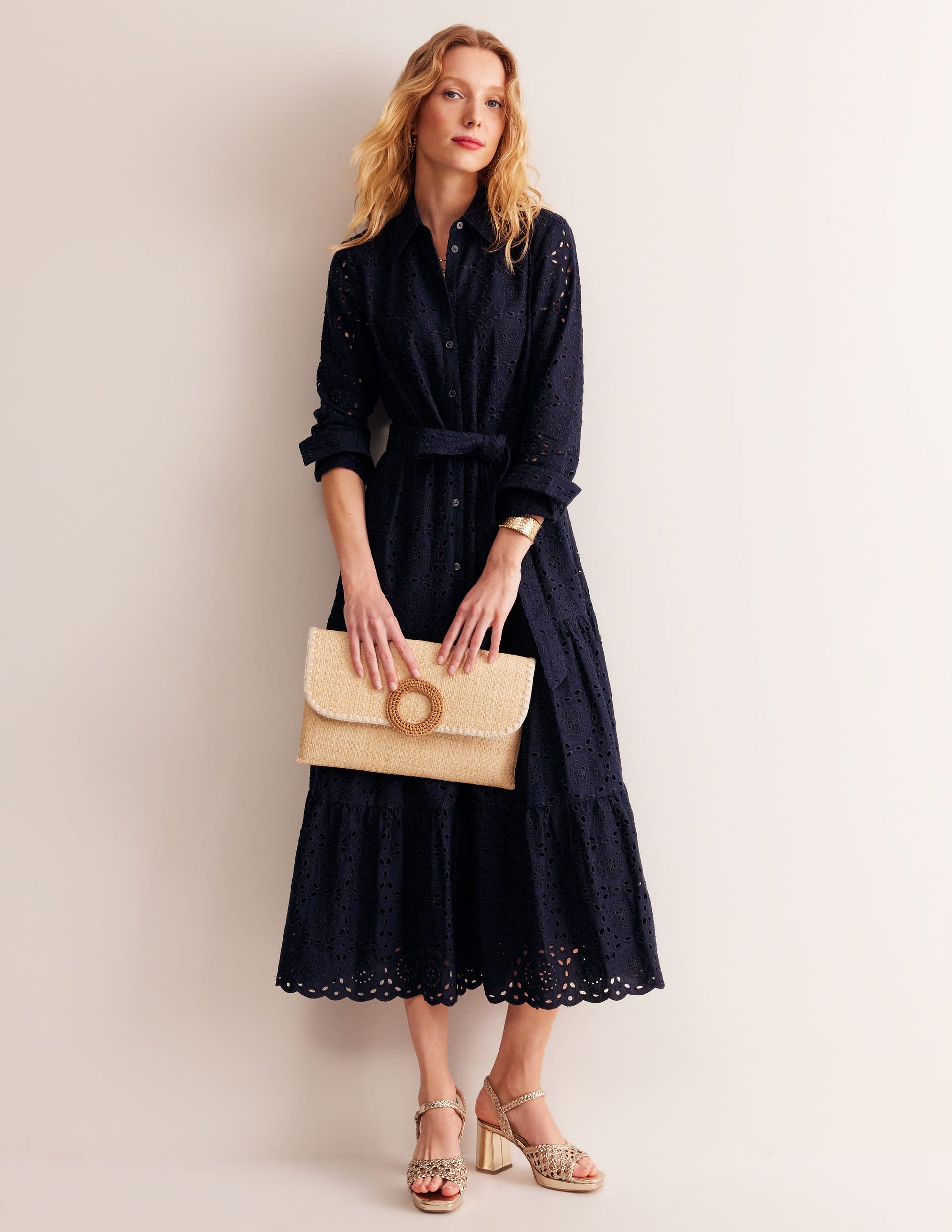 Robe-chemise midi Flo à broderie anglaise-Bleu Marine, Petits Pois-7