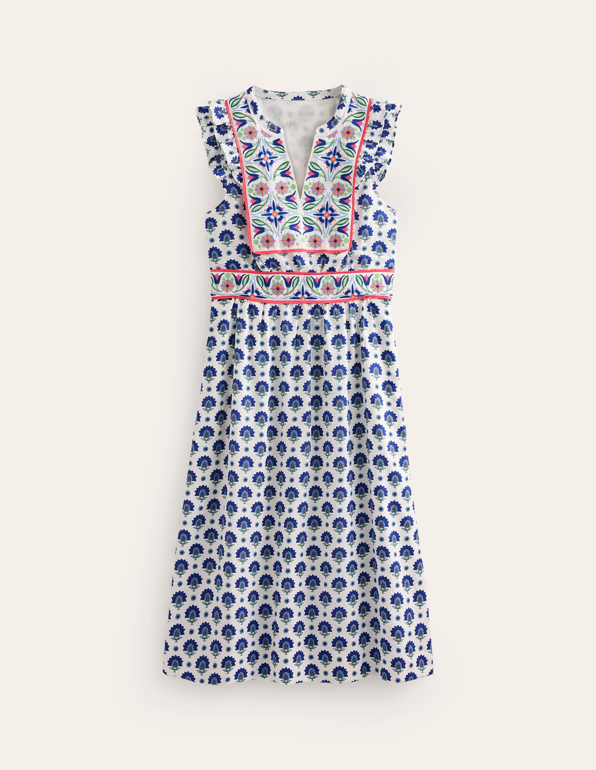 Robe midi brodée et volantée-Bleu connecté, motif Passion Geo - Image 5