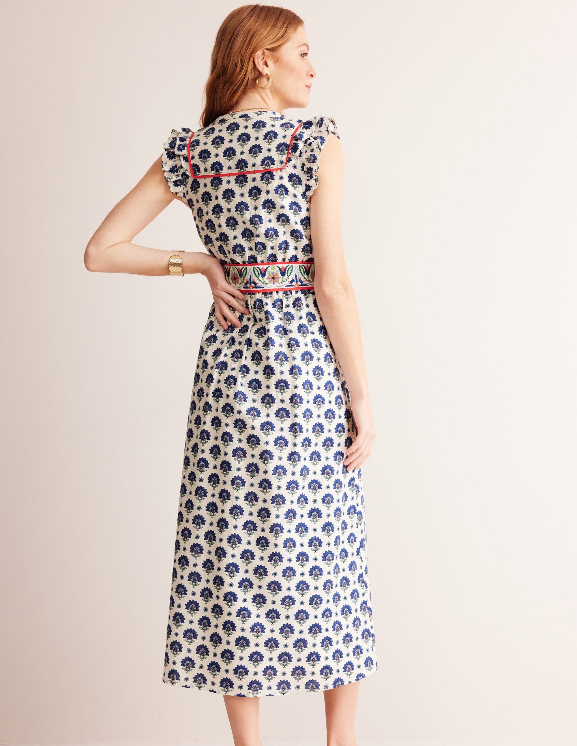 Robe midi brodée et volantée-Bleu connecté, motif Passion Geo - Image 3