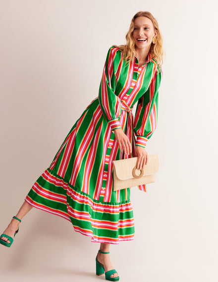 Robe-chemise midi en coton-Vert tambourin et rose