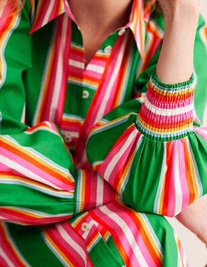 Hemdblusenkleid aus Baumwolle in Midilänge-Grünes Tamburin und Rosa