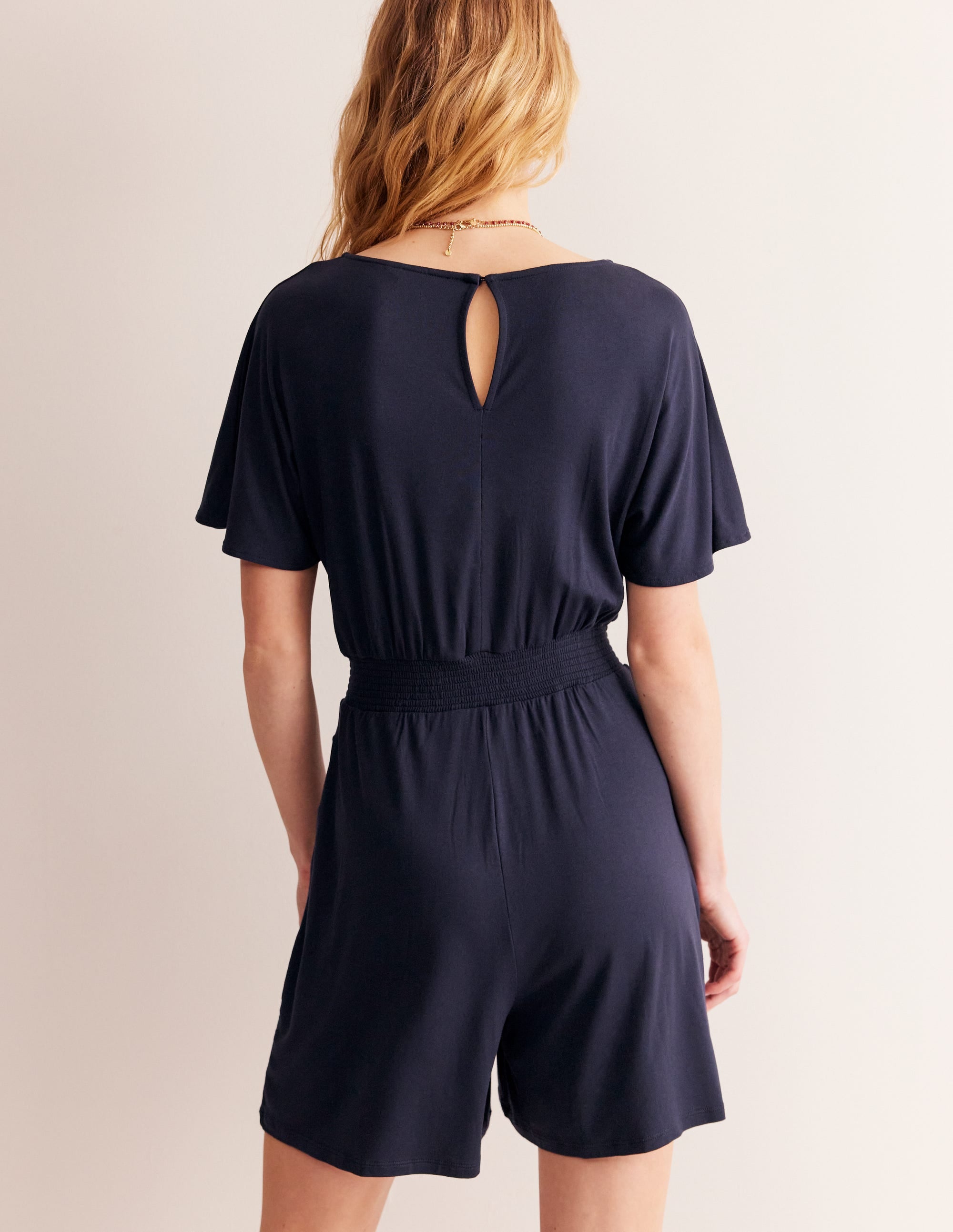 Combishort à smocks en jersey-Bleu Marine, Petits Pois - Image 3