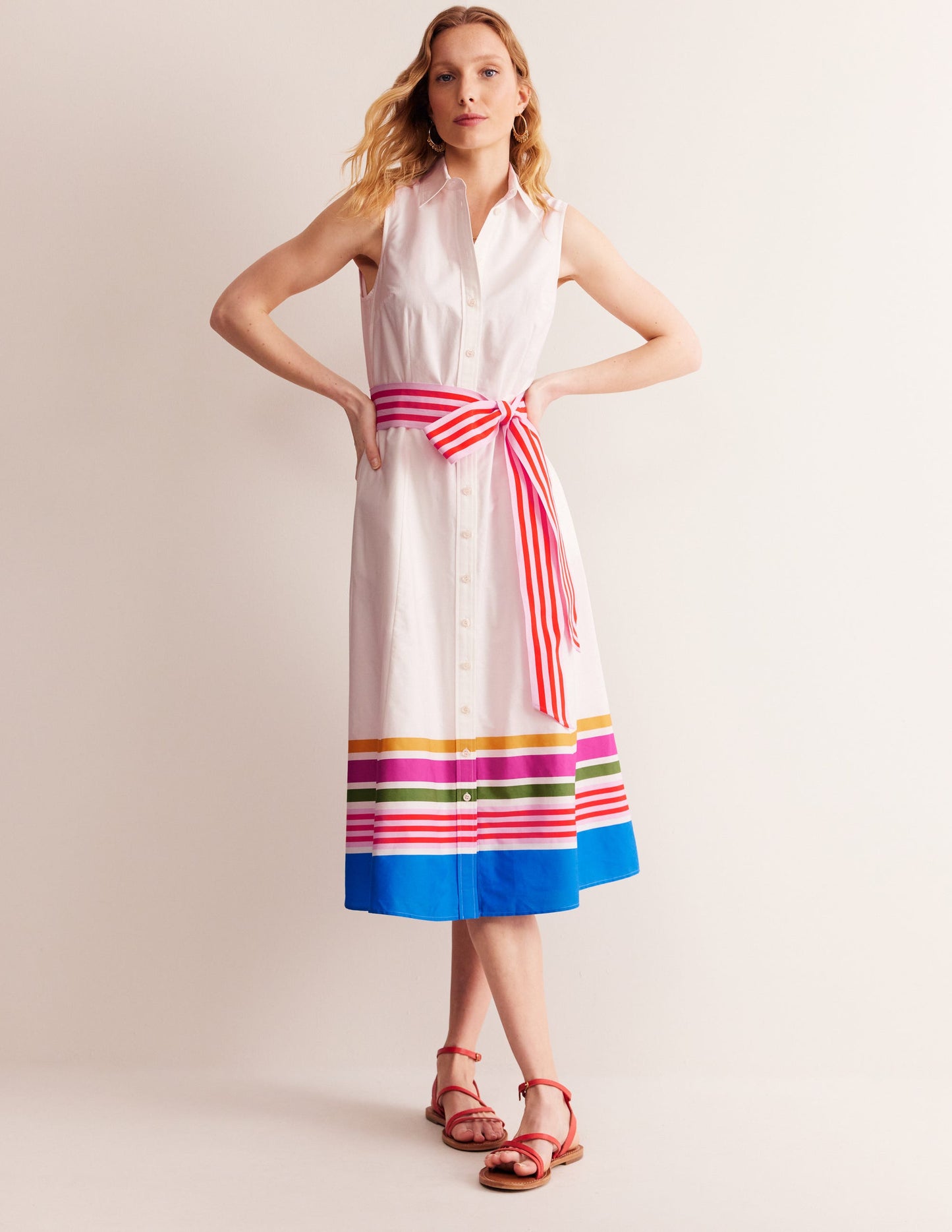 Kate Sleeveless Shirt Dress-Ivory and Multistripe