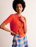 Gehäkelte, kurzärmlige Strickjacke-Mandarinenorange