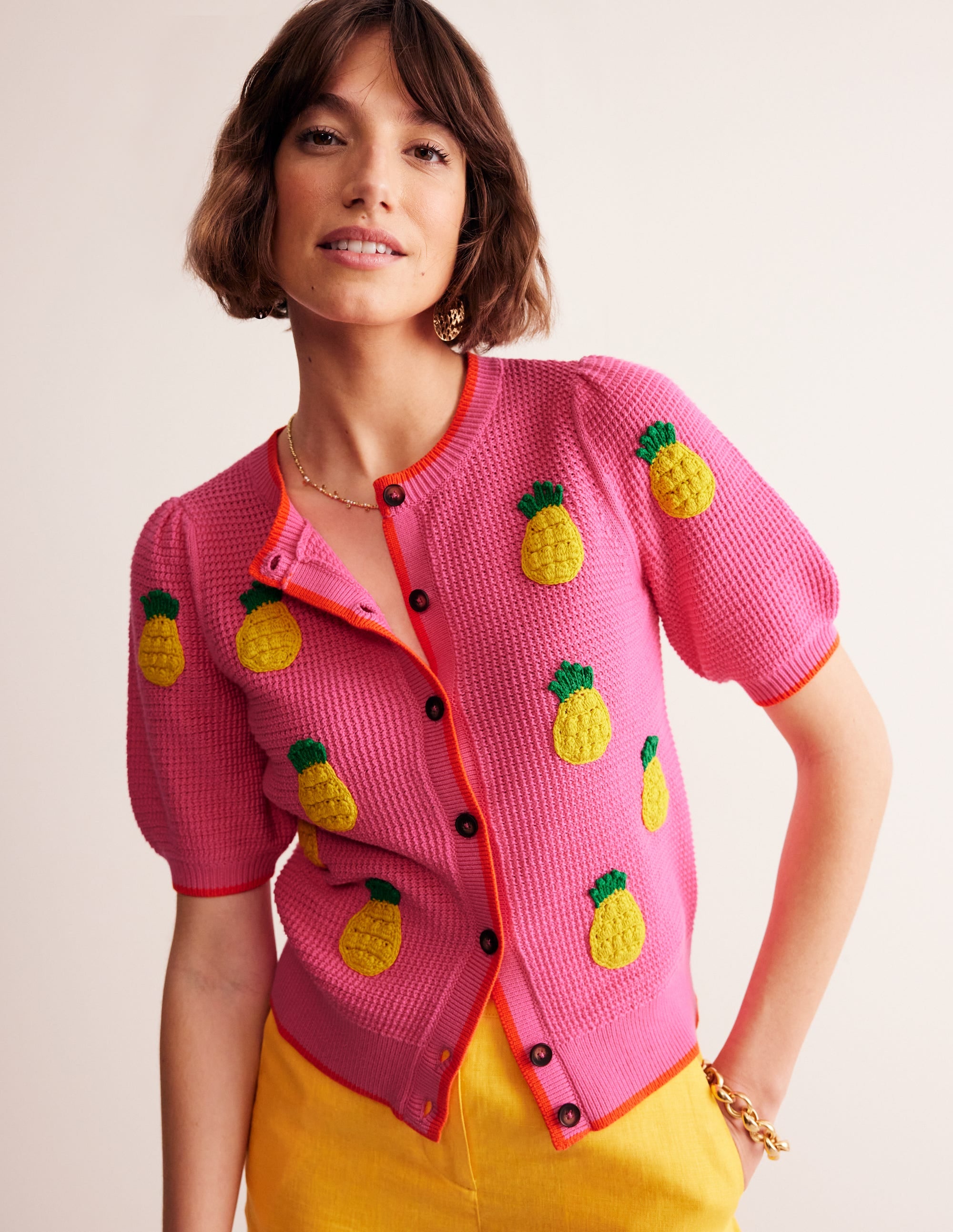Embroidered T-Shirt Cardigan-Party Pink, Pineapples - Image 1