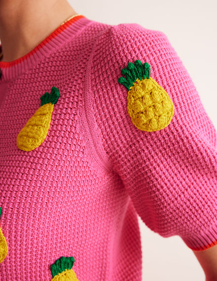 Bestickte Strickjacke mit kurzen Ärmeln-Sangria Sunset Pink, Ananas