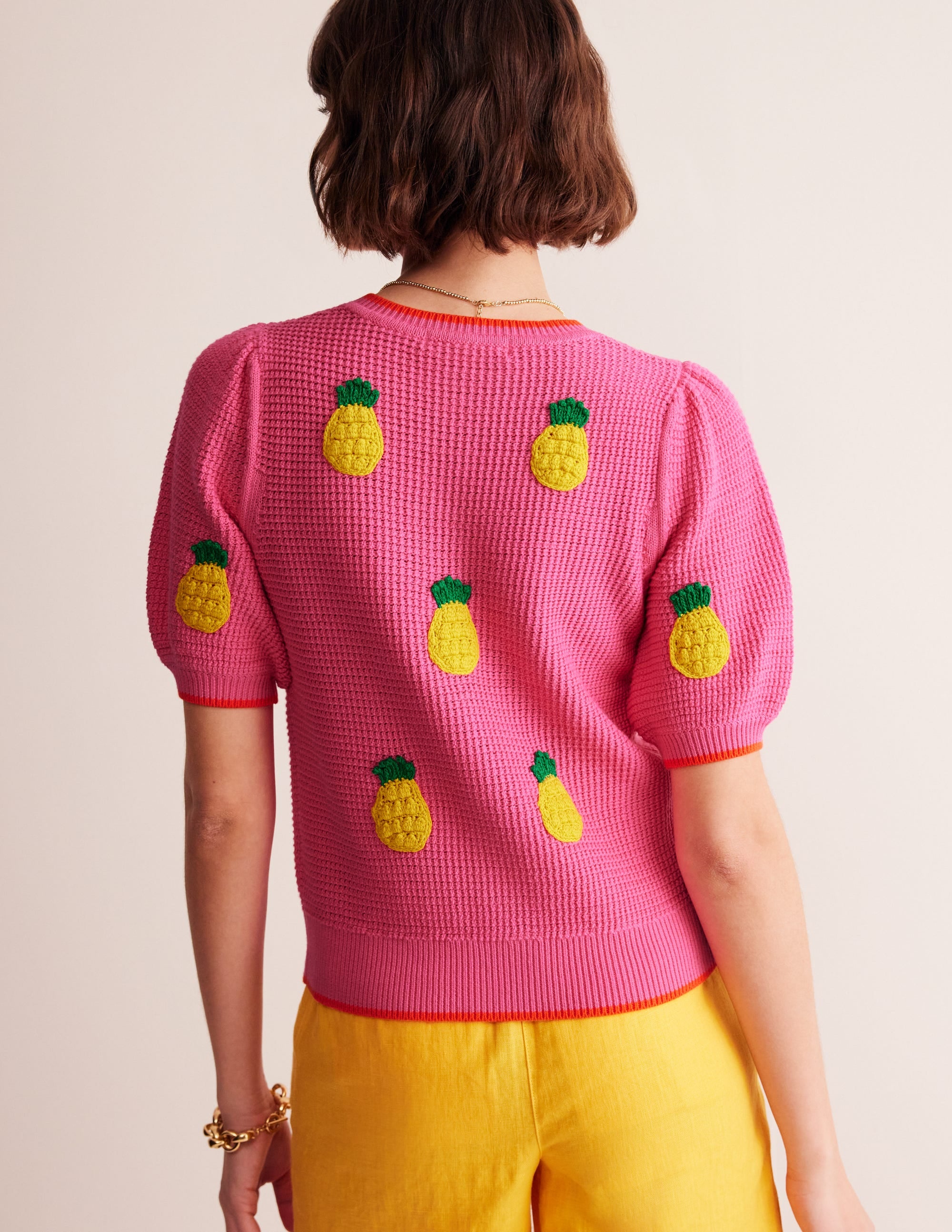 Embroidered T-Shirt Cardigan-Party Pink, Pineapples - Image 3