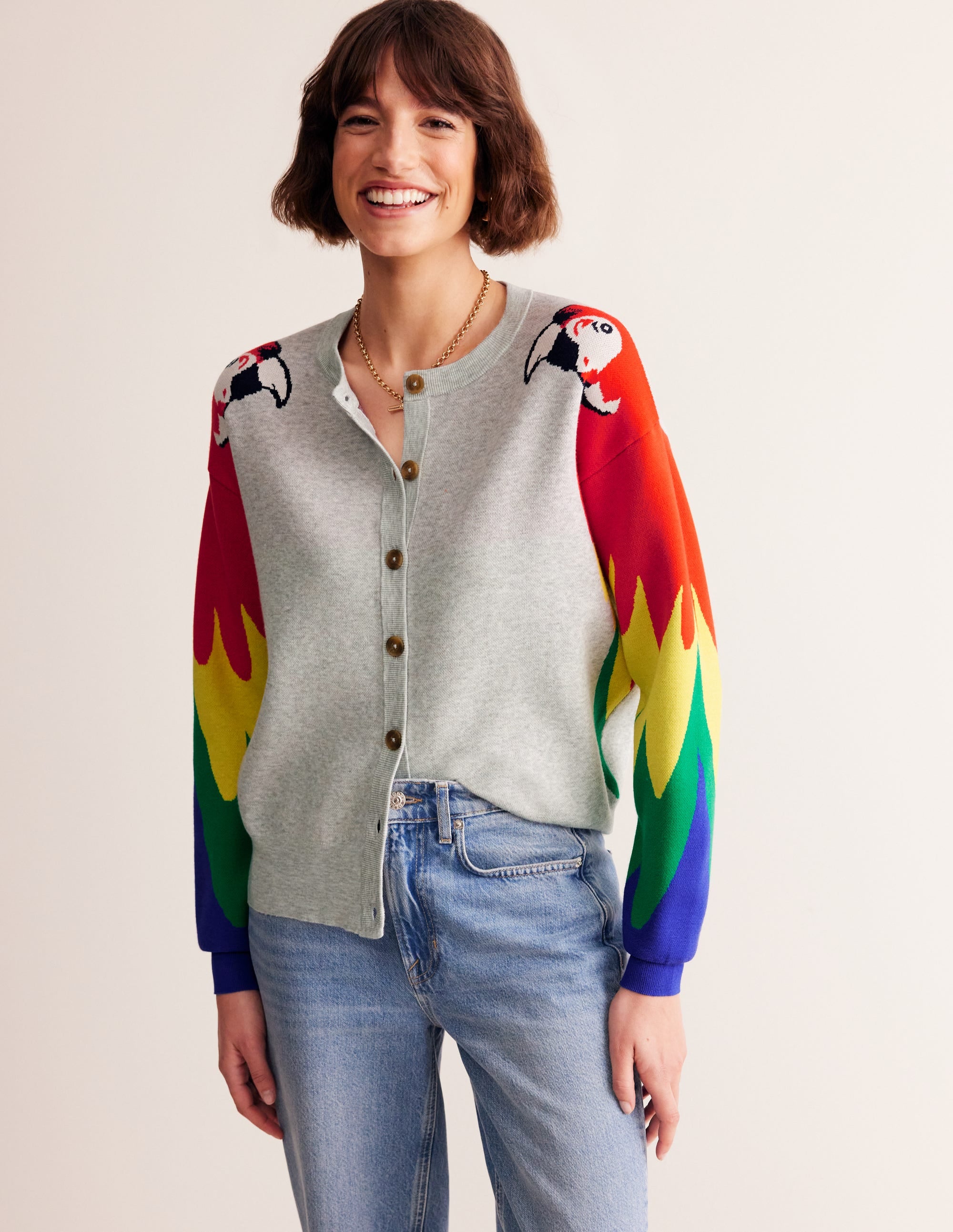 Cardigan fantaisie en maille-Gris chiné pâle, perroquets - Image 4