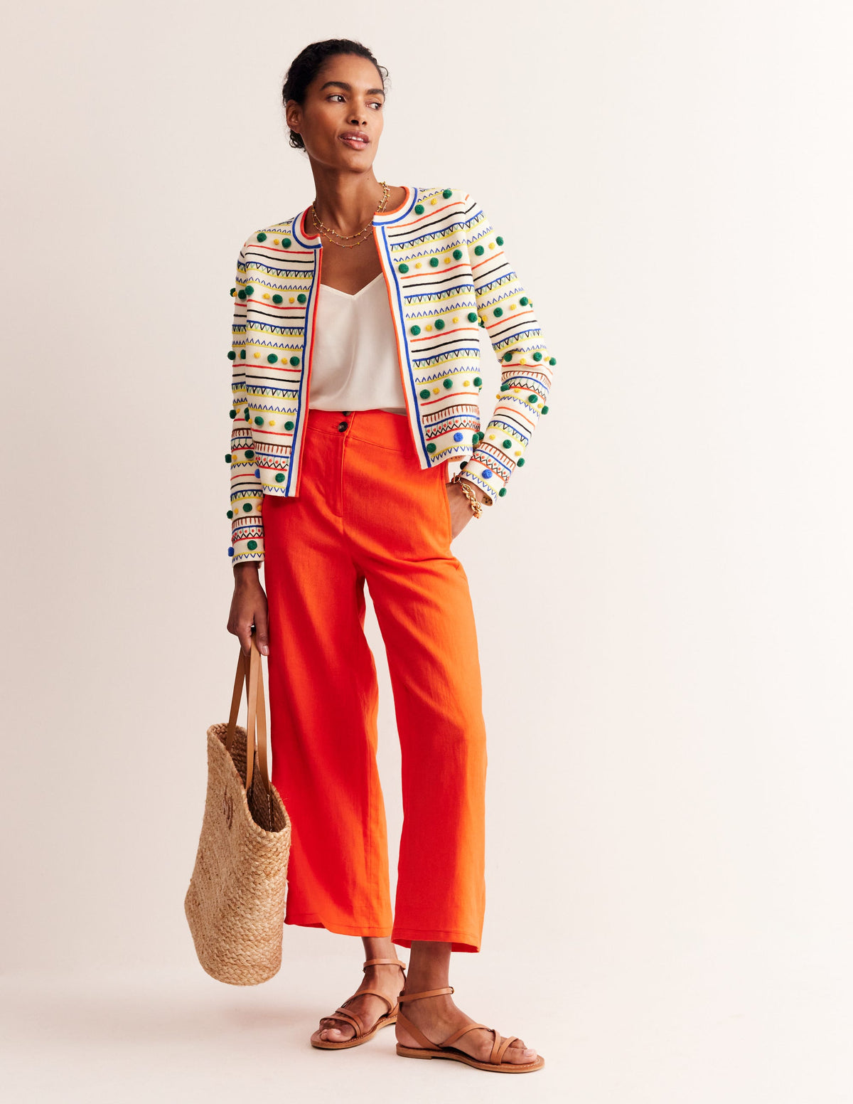 Strickjacke mit Bommeln-Warmes Naturweiß, Bunt-4