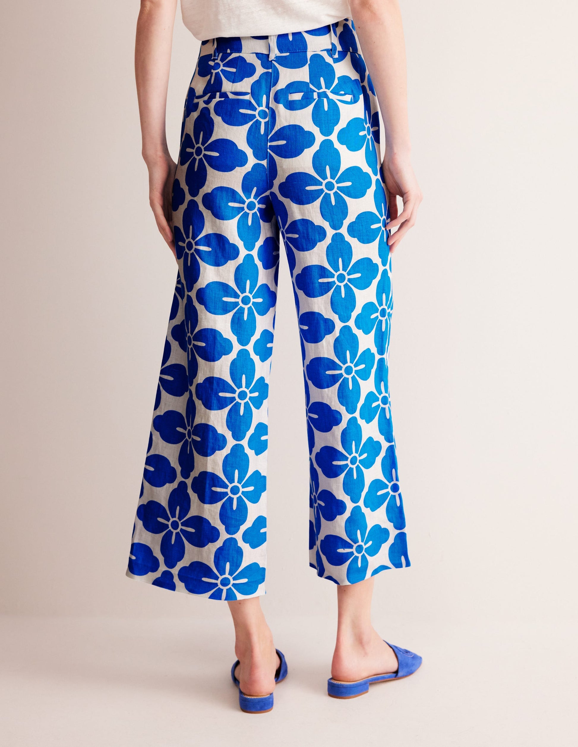 Westbourne Linen Crop Trousers-Indigo Bunting, Floral Tile-3