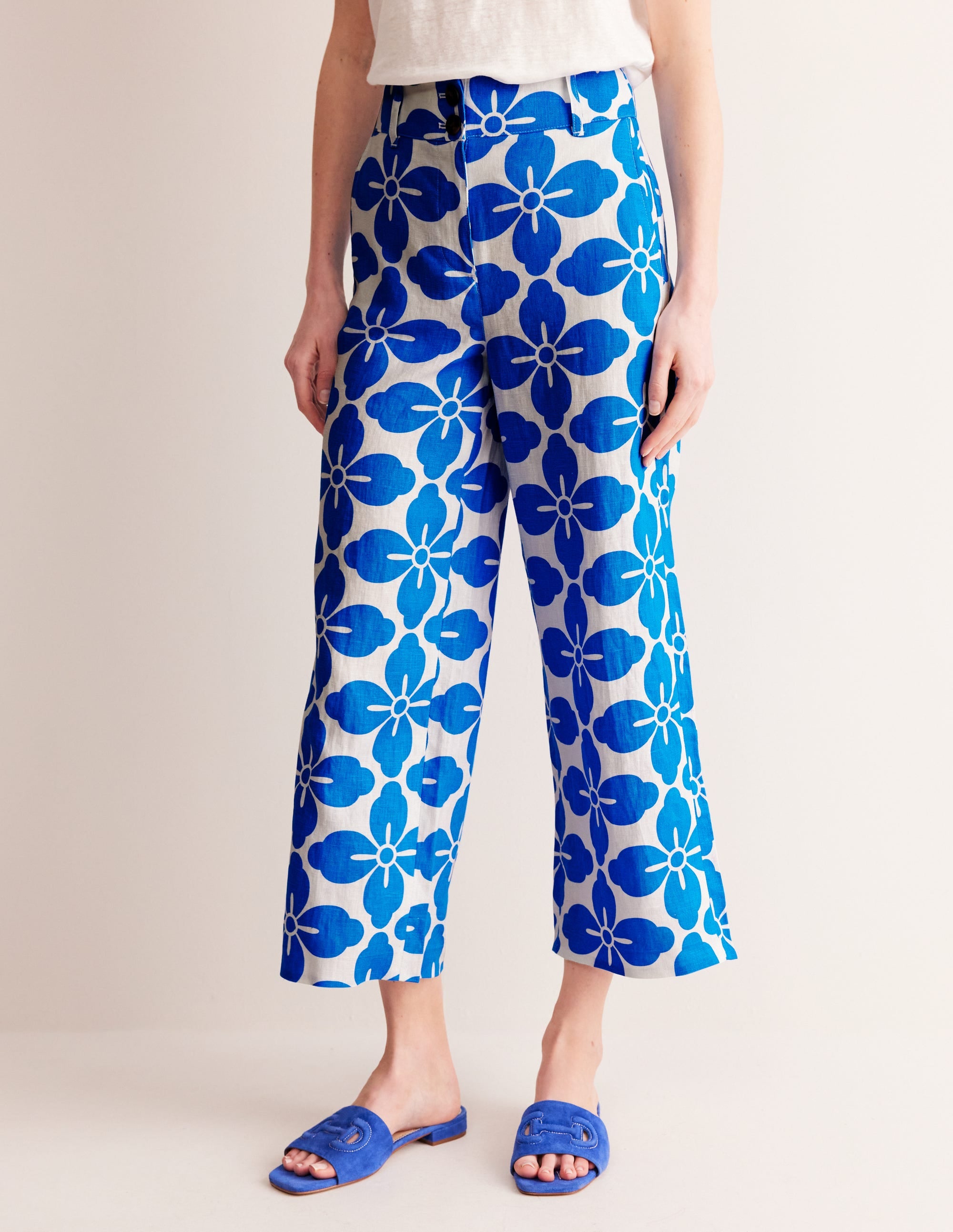 Westbourne Linen Crop Trousers-Indigo Bunting, Floral Tile - Image 4
