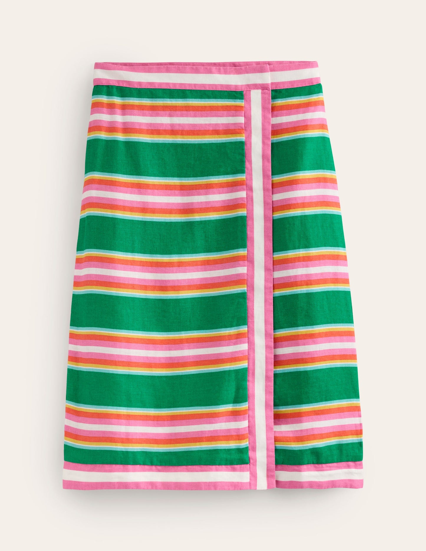 Linen Border Wrap Skirt-Green Tambourine, Pink Stripe