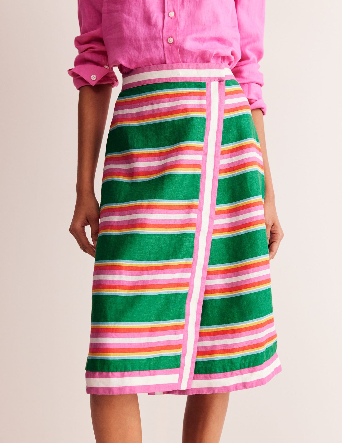 Linen Border Wrap Skirt-Green Tambourine, Pink Stripe