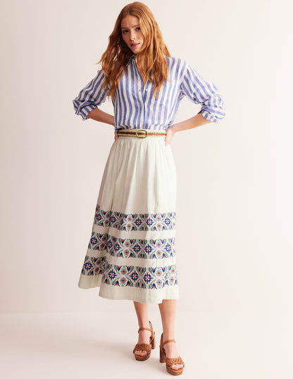 Layla Embroidered Midi Skirt-Neutral