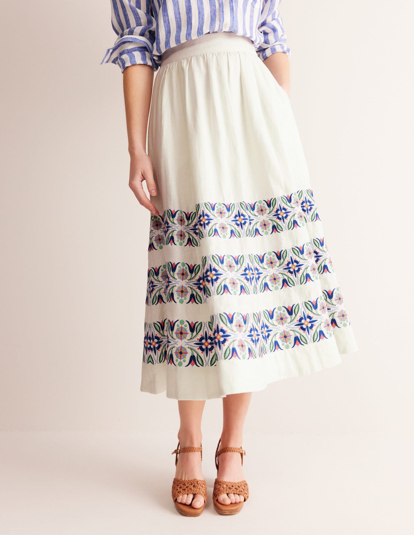 Layla Embroidered Midi Skirt-Neutral