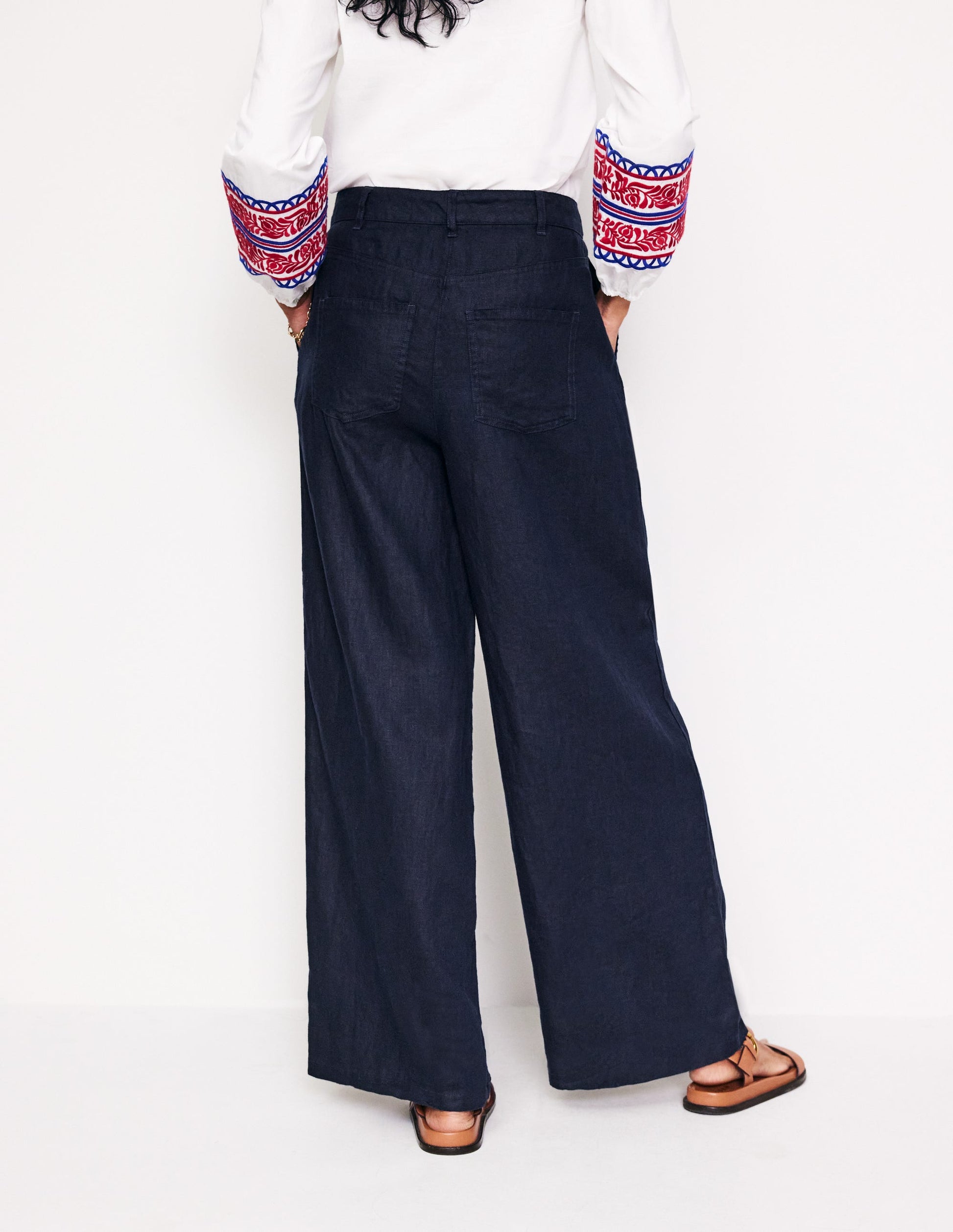 Regent Pleat Linen Trousers-Navy-3