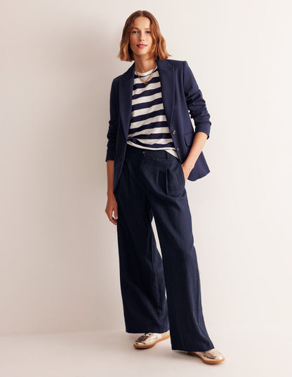Regent Pleat Linen Trousers-Navy-5