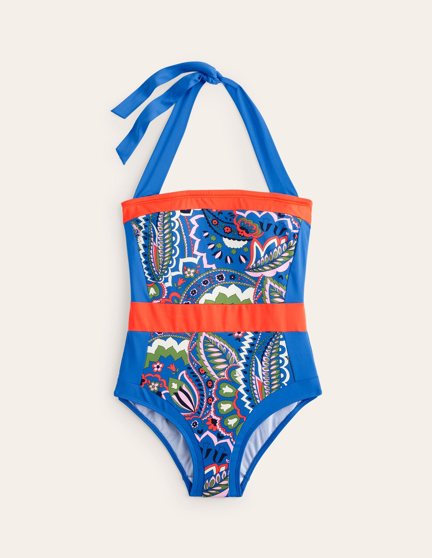 Santorini Halterneck Swimsuit-Blue, Foliage Paisley