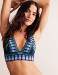 Haut de bikini col V Porto-Motif tropical bleu marine foncé
