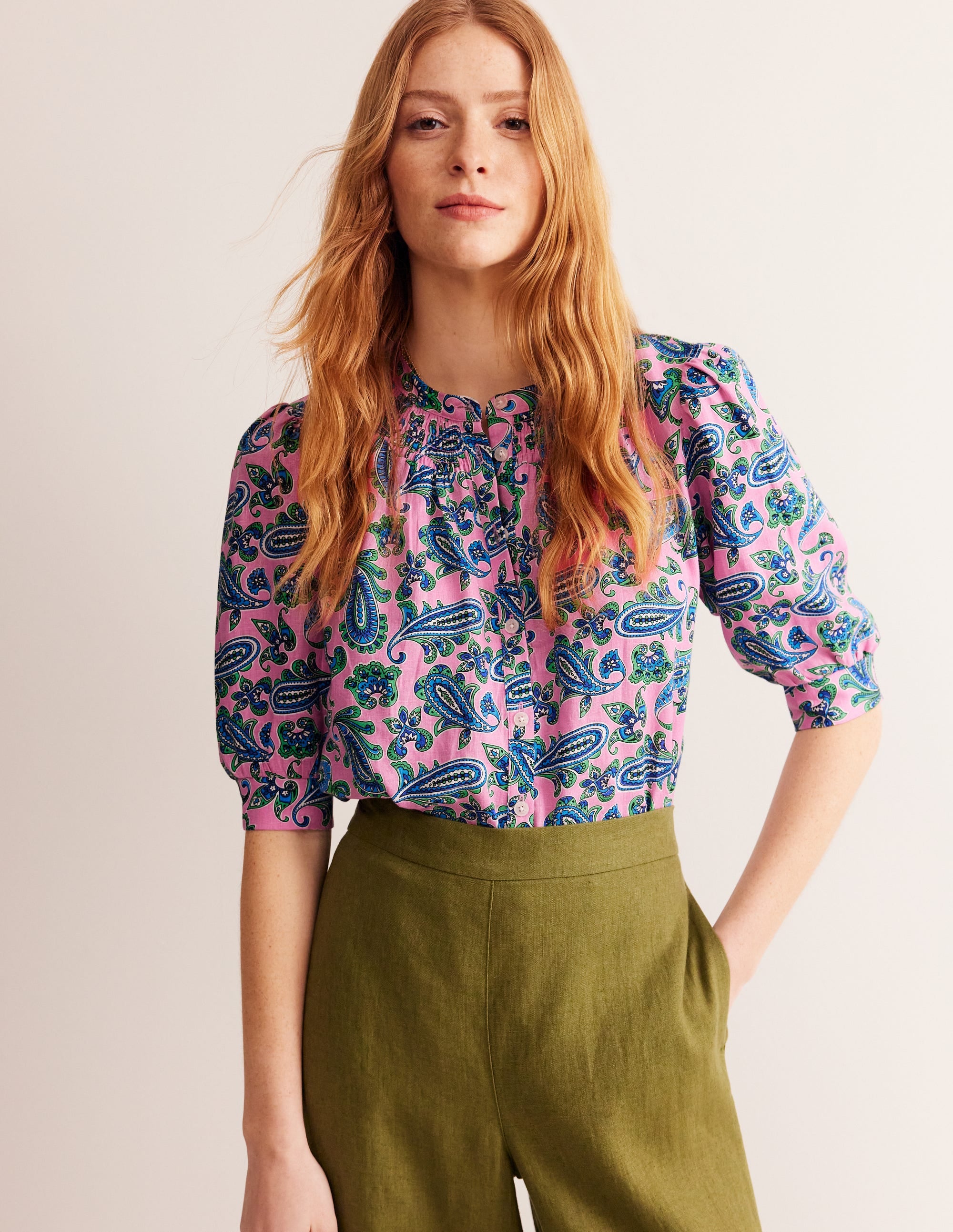 Top Ada en lin-Rose cachemire, motif Paisley Wave - Image 1