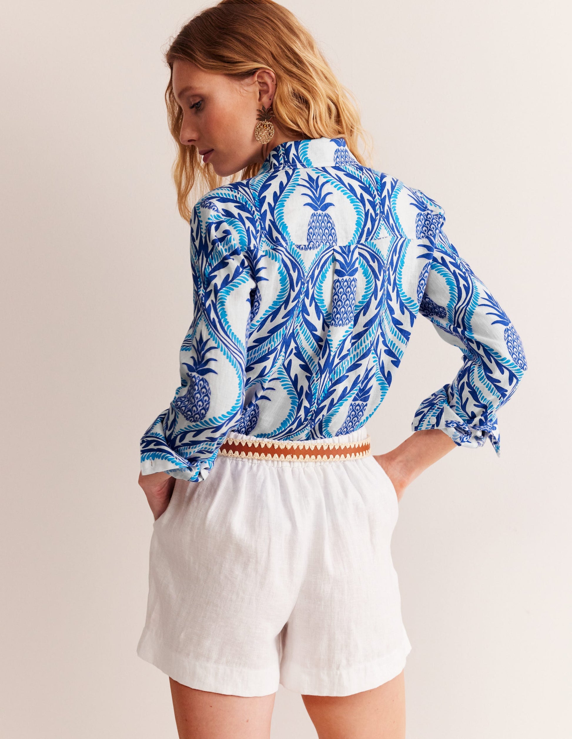 Chemise Sienna en lin-Bleu connecté, motif Pineapple Wave-3