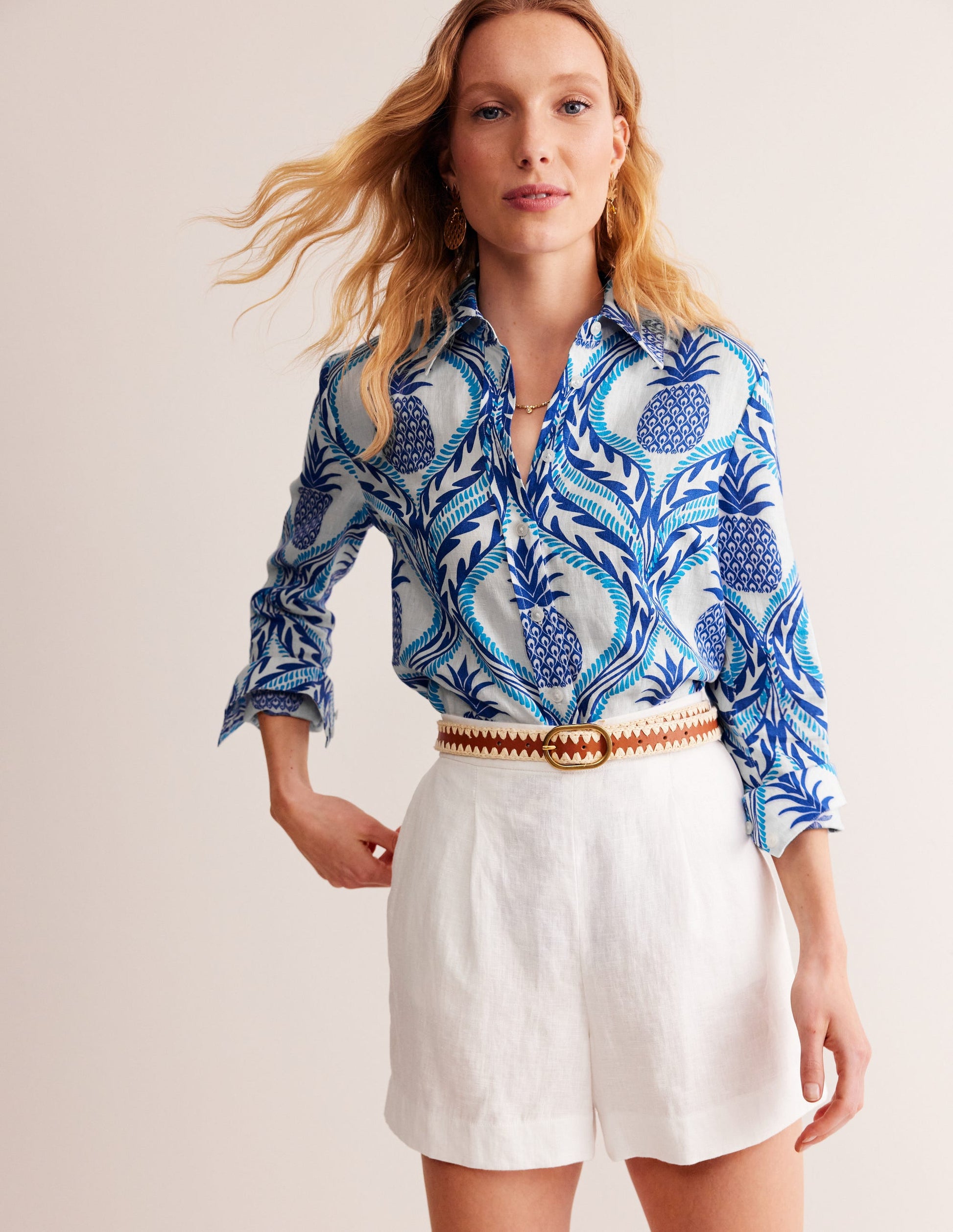 Chemise Sienna en lin-Bleu connecté, motif Pineapple Wave-4