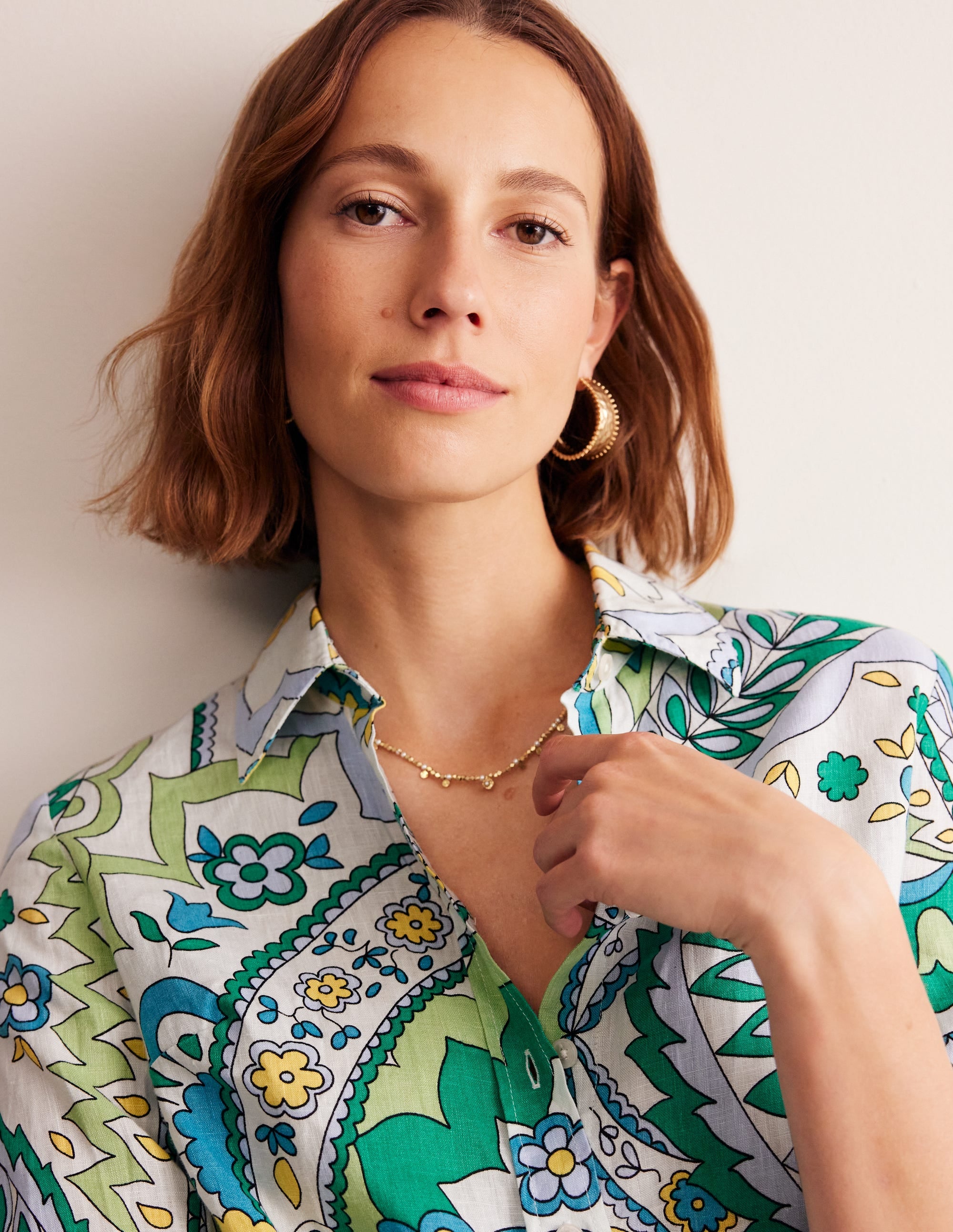 Sienna Leinenhemd-Smaragd, Blätter-Paisley - Image 2