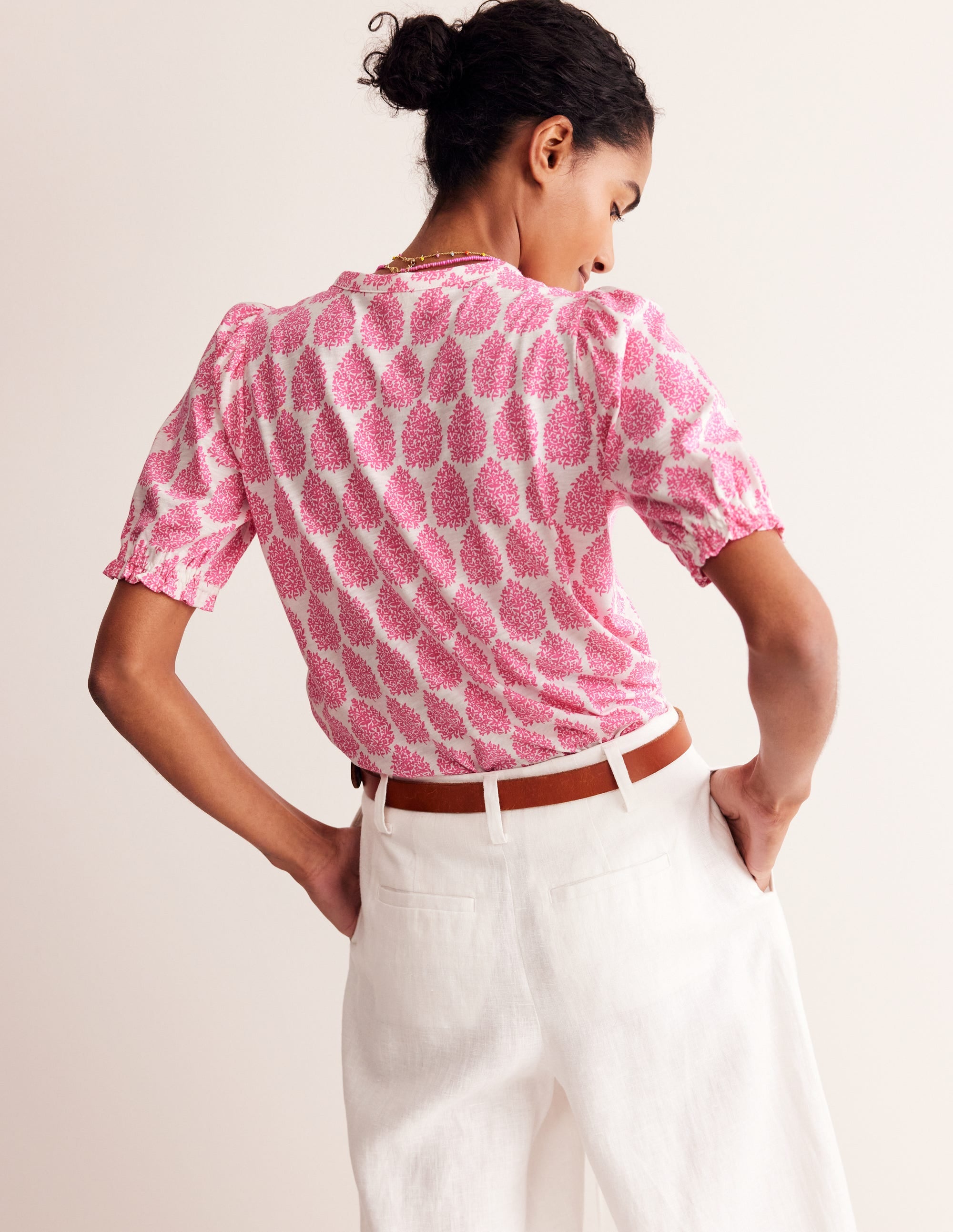 Dolly Puff Sleeve Jersey Shirt-Sangria Sunset, Floret Paisley - Image 3