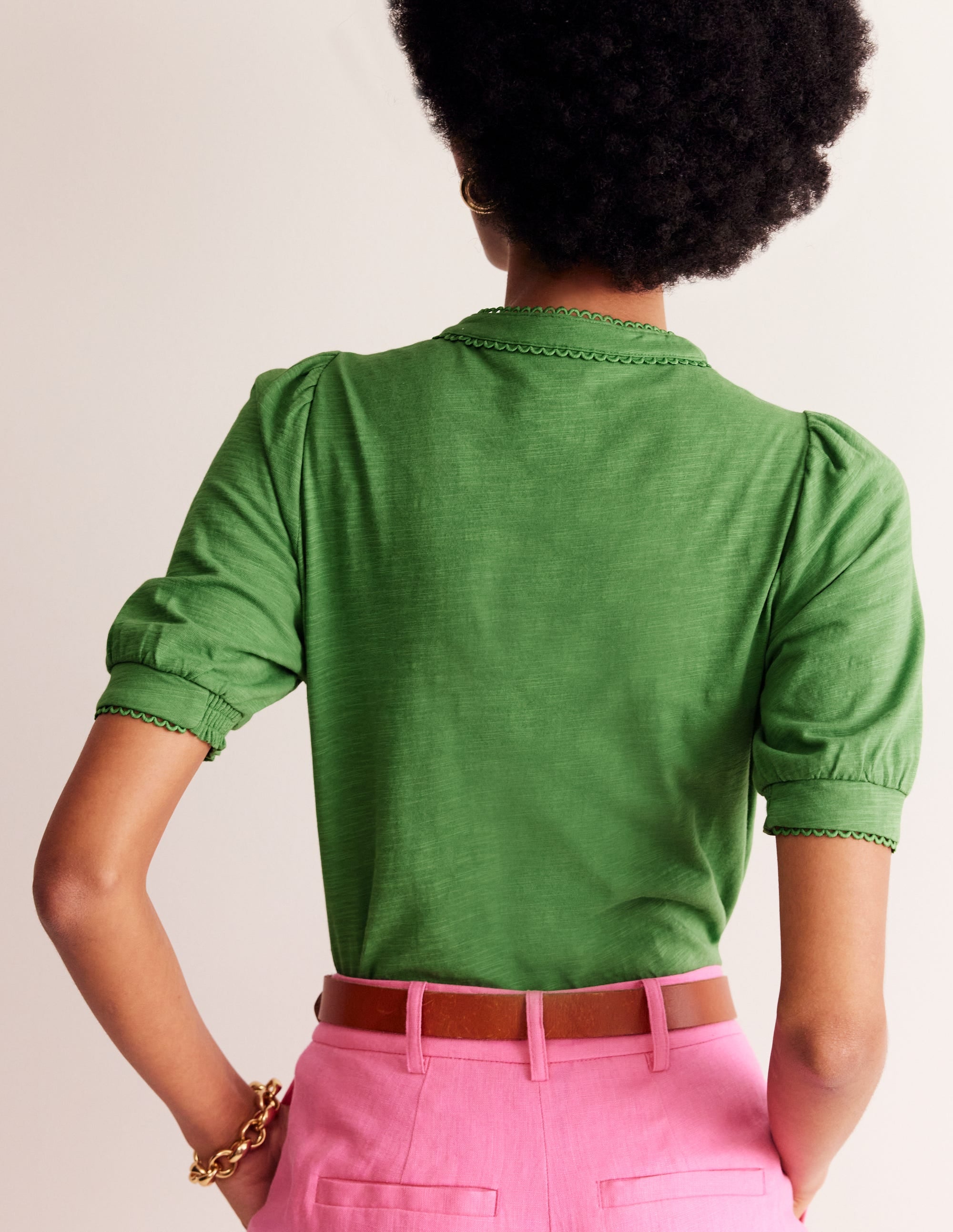 Pintuck Puff Sleeve Henley-Lichen - Image 4