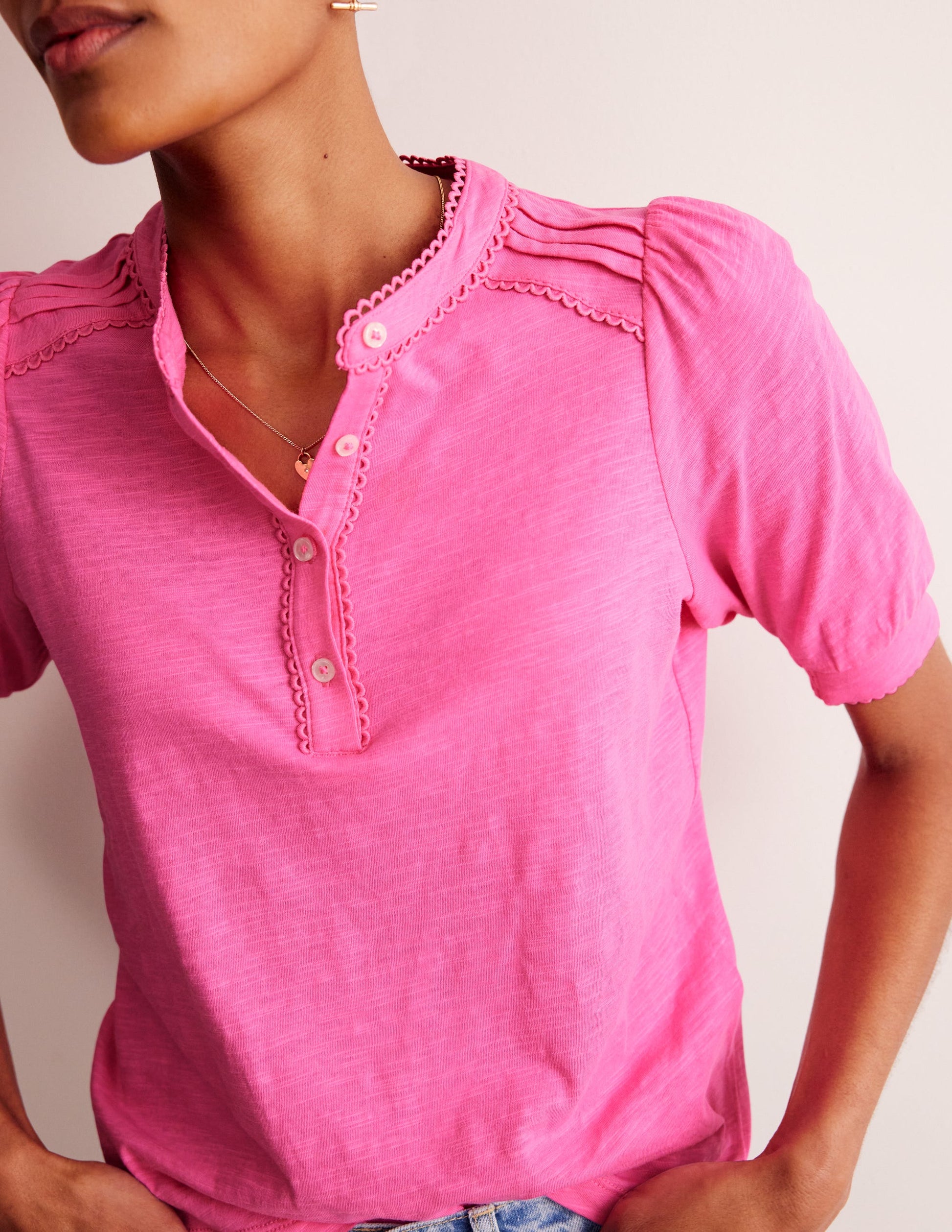 Henley-Shirt mit Biesen und Puffärmeln-Pink-2