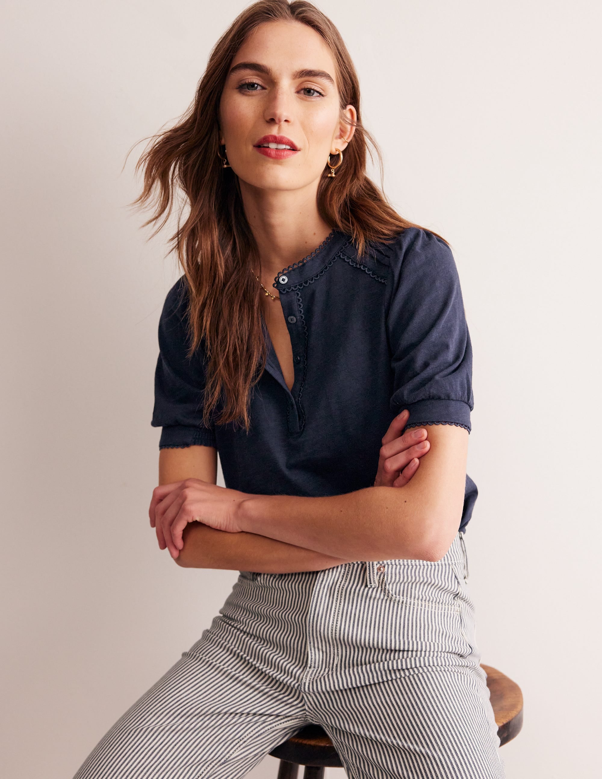 Henley-Shirt mit Biesen und Puffärmeln-Aqua Marine Marl - Image 1