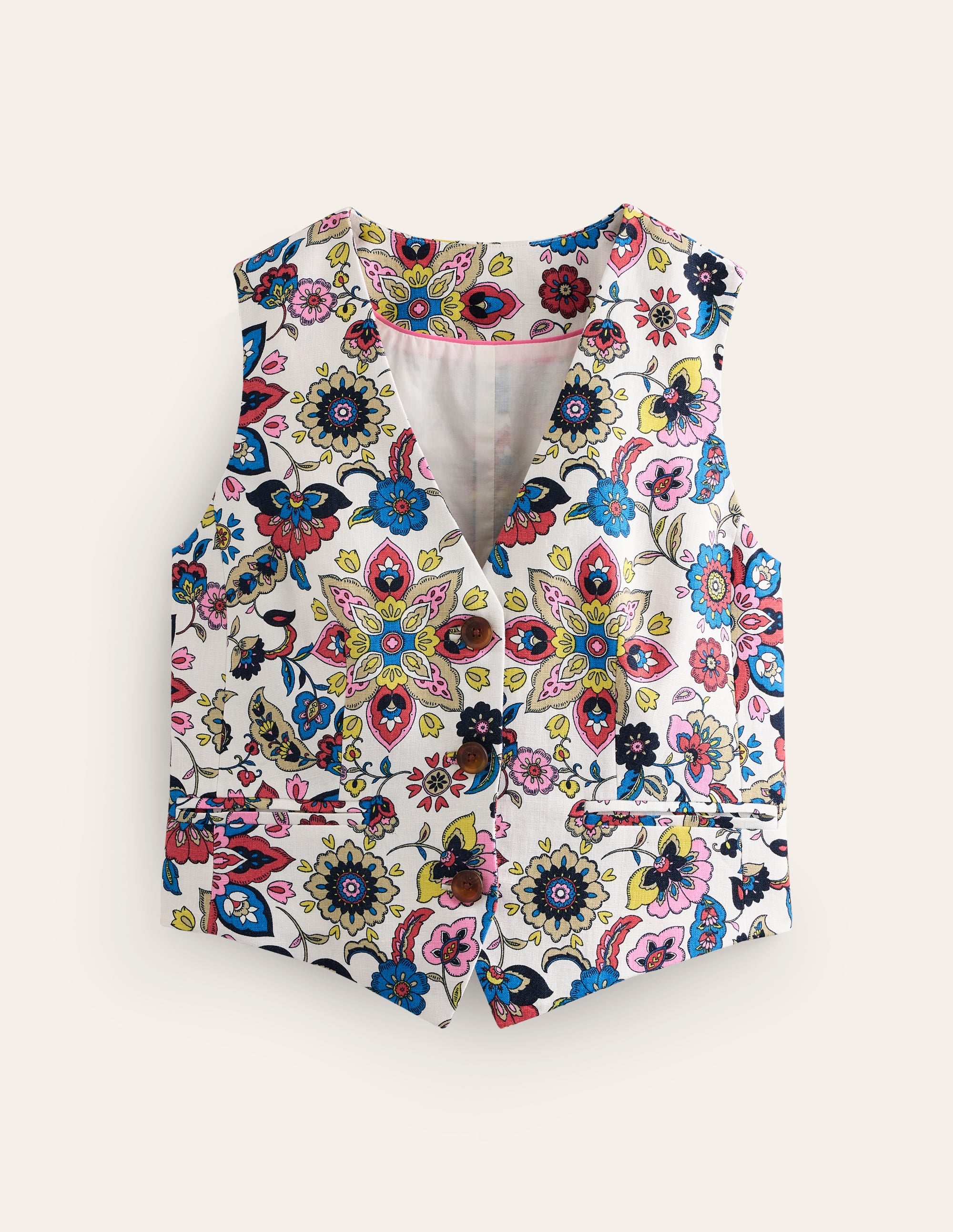 Gilet de costume col V en lin-Ivoire, motif Botanic Sprig - Image 6