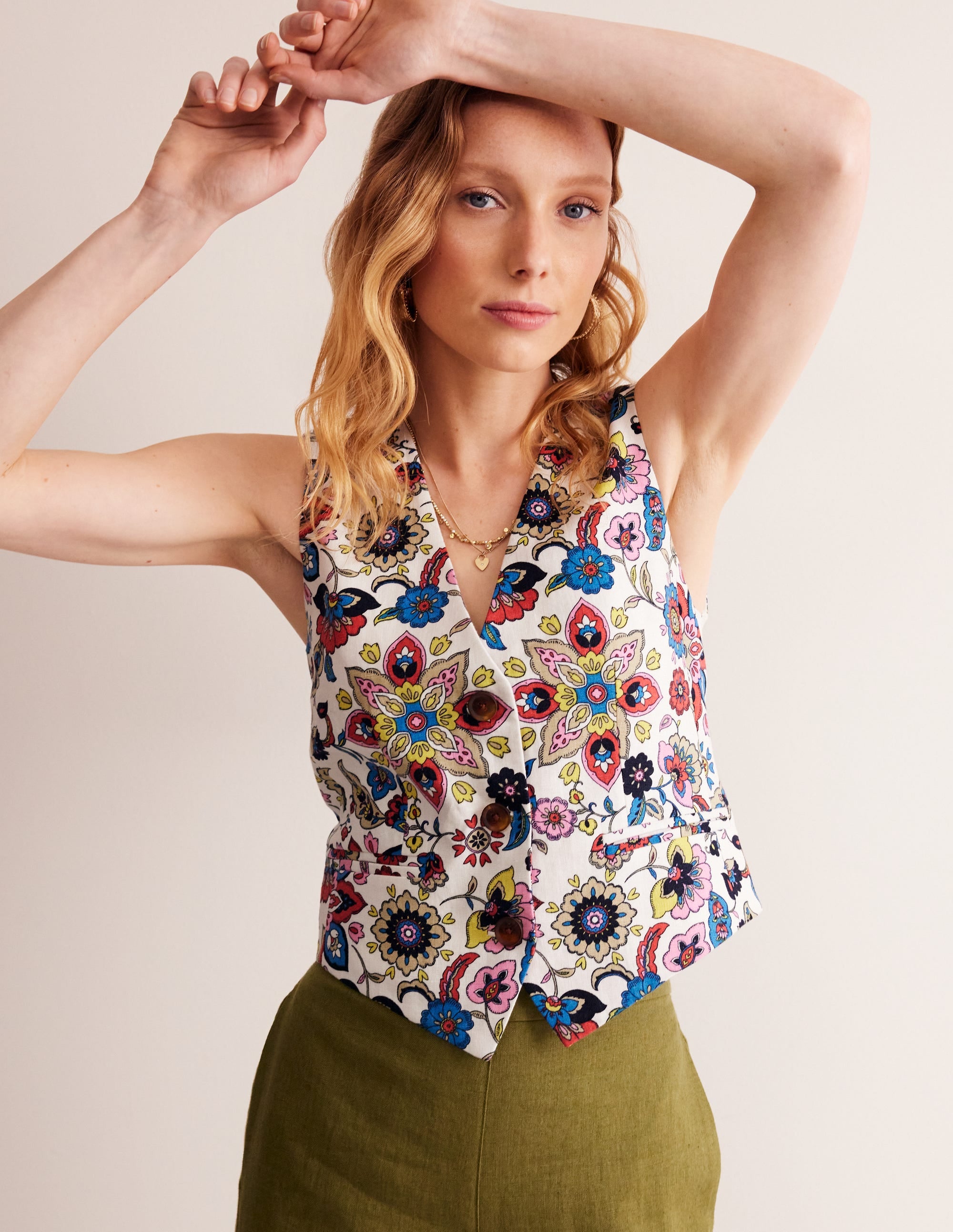 Gilet de costume col V en lin-Ivoire, motif Botanic Sprig - Image 1